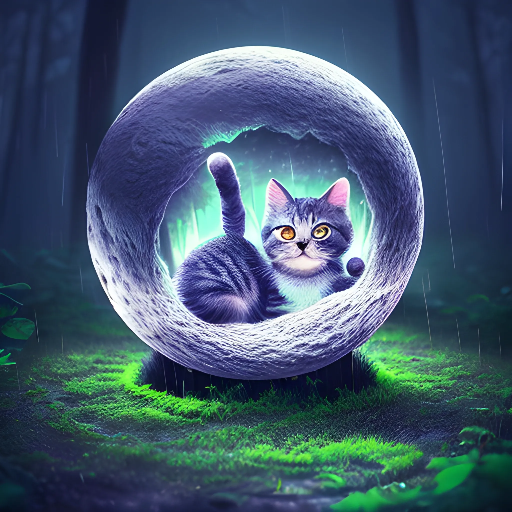 cute cat down moon in forest down rain in at night, Trippy, 3D, 3D, high quality, high deails, very beautiful, very good, ultra-realistic, photo, 3D, 8k