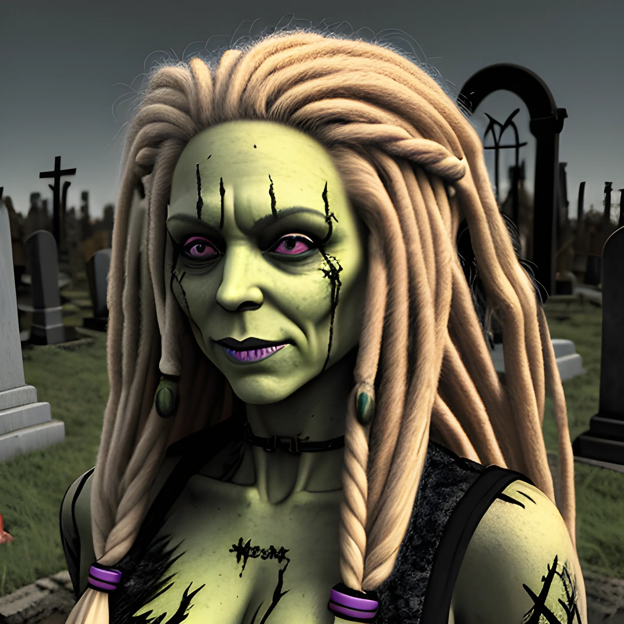 A wicked woman with long blonde dreadlocks in an apocalypse  sling someone's throat in a grave yard, 3D