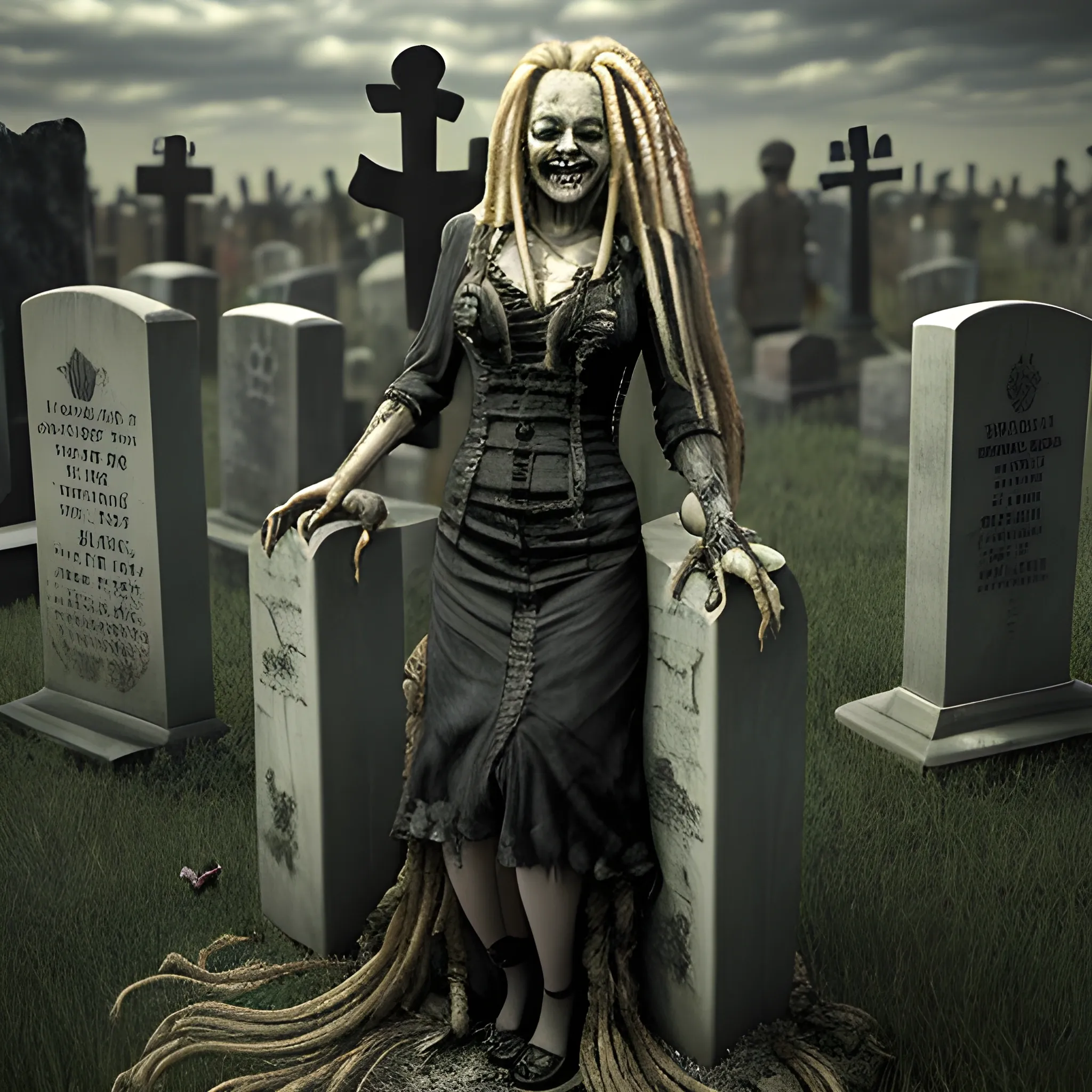 A wicked woman that looks crazy with a sinister smile with long blonde dreadlocks in an apocalypse  slicing someone's throat in a grave yard, 3D, Trippy