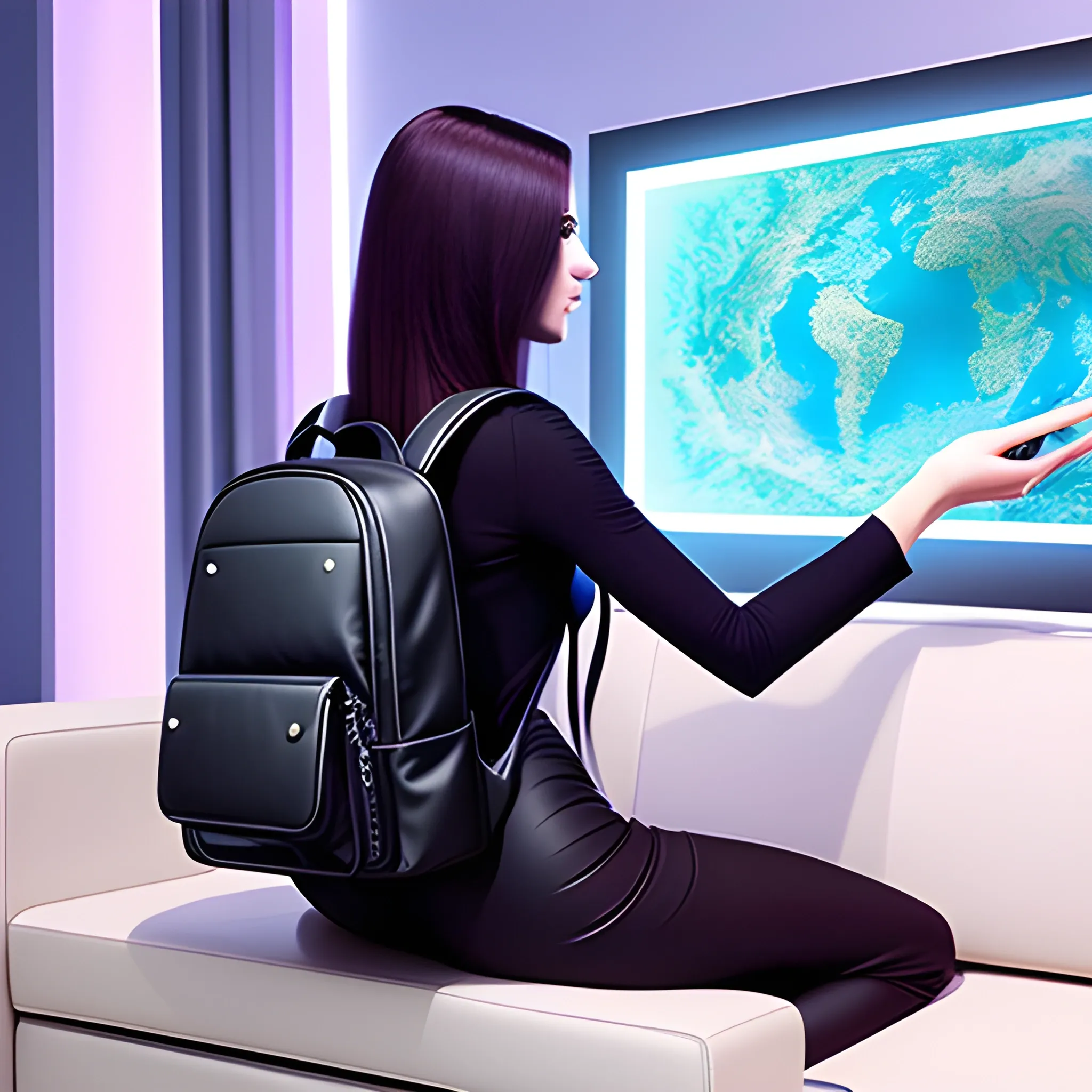 In the future world, people don't need to buy any things offline,a girl is sitting on the sofa,there is a transparent screen in front of her view, and she is choosing the designer backpack.