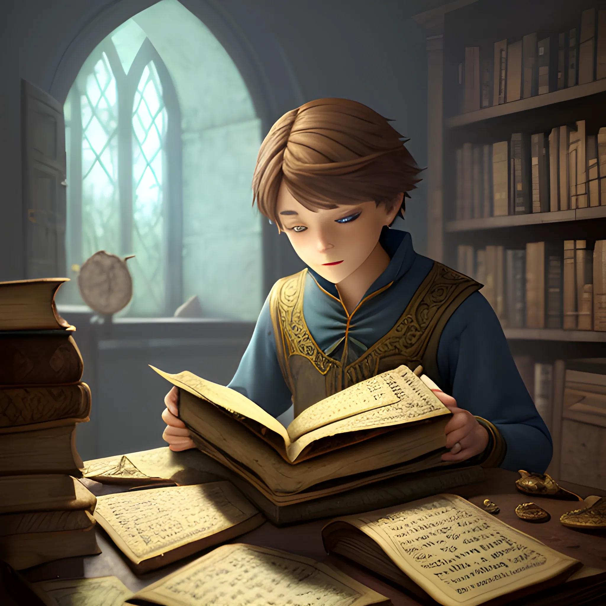 , 3D One morning, our main character finds a mysterious note tucked inside an old book. The note contains clues to a treasure that has been lost for centuries. like an fantasy animation. creat a charecter about this story. give me portrait picture.