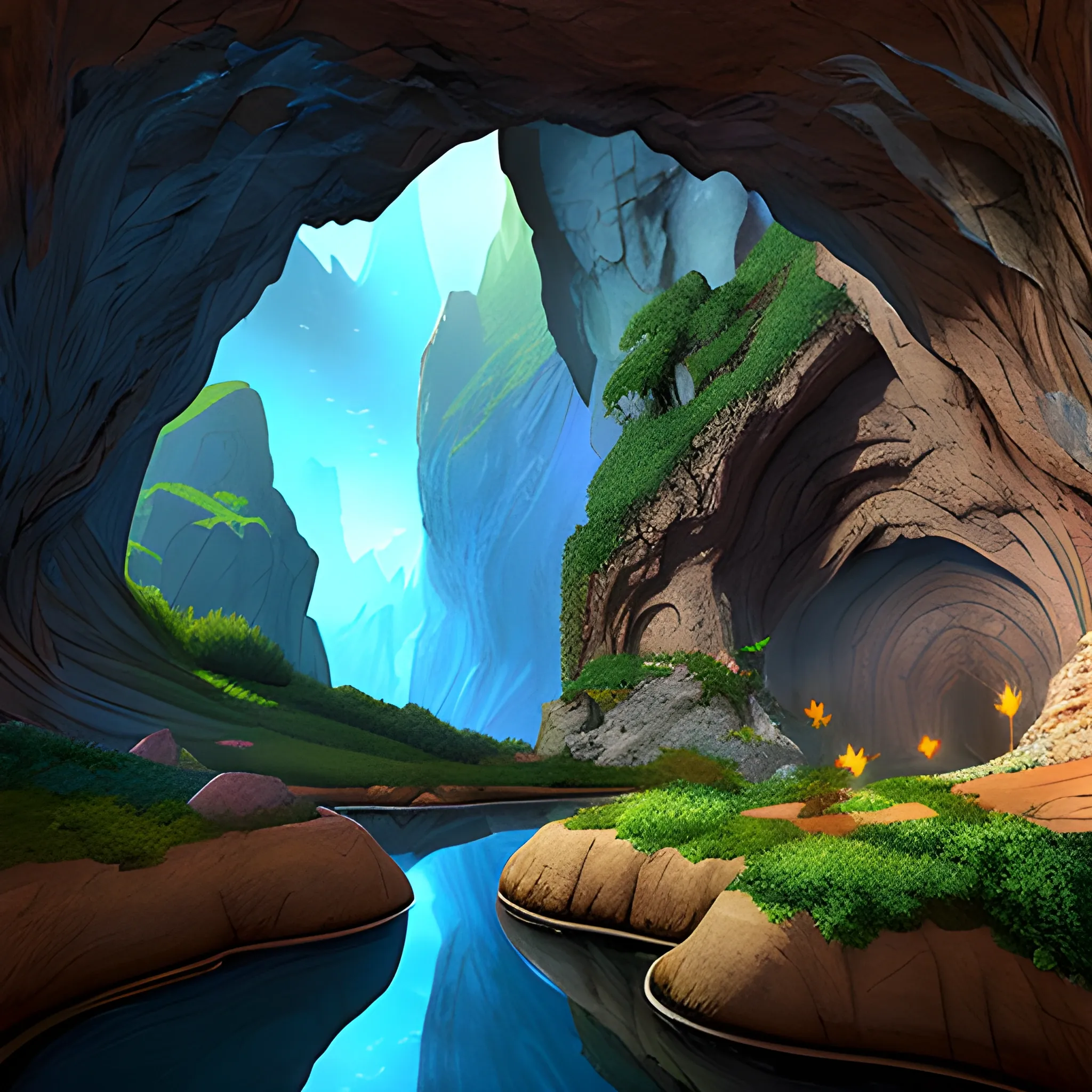 , 3D  cave portrait with a explorer boy. like an fantasy animation. 