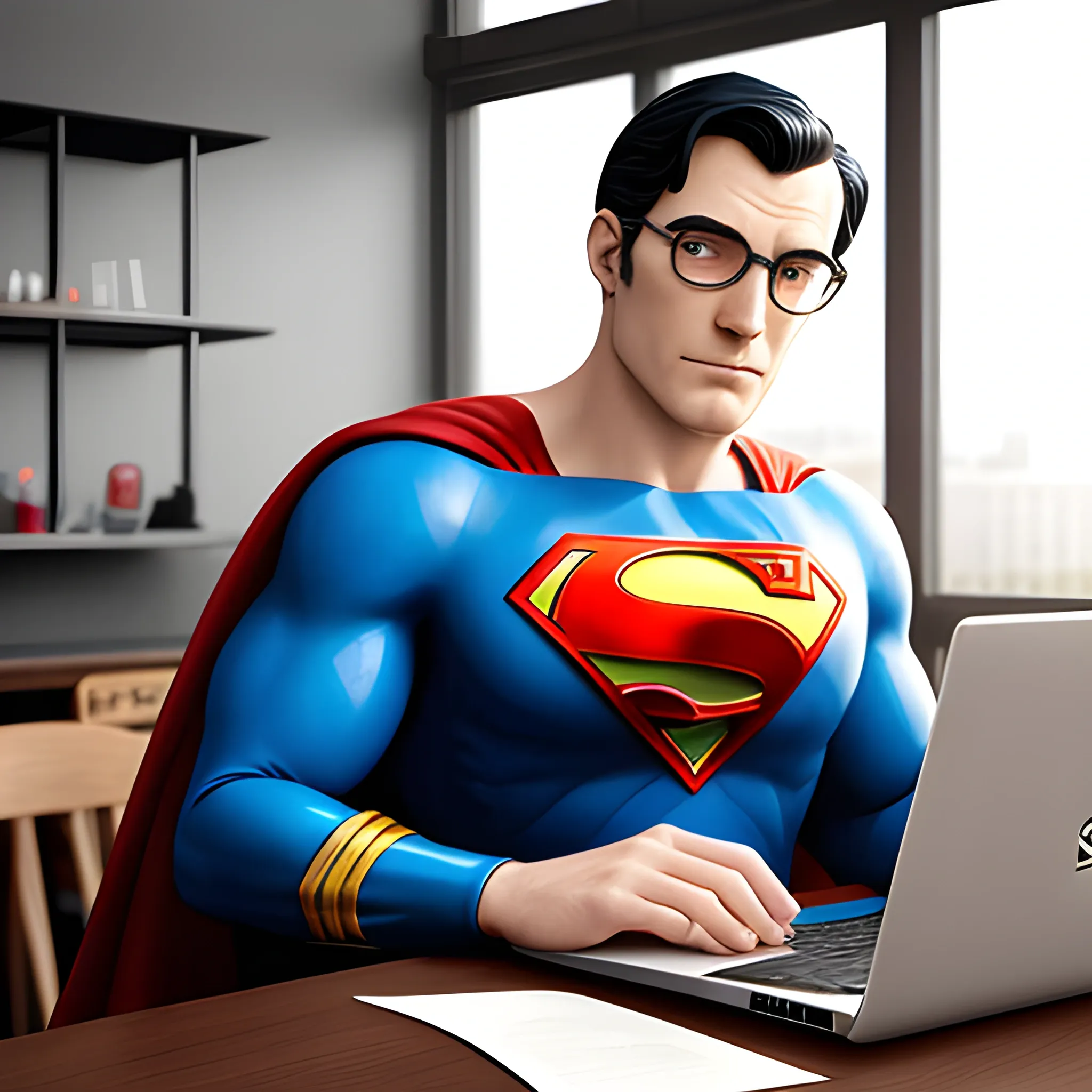 Gentleman sitting at the table, computer on the table, gentleman in Superman costume, attractive details, realistic ultra