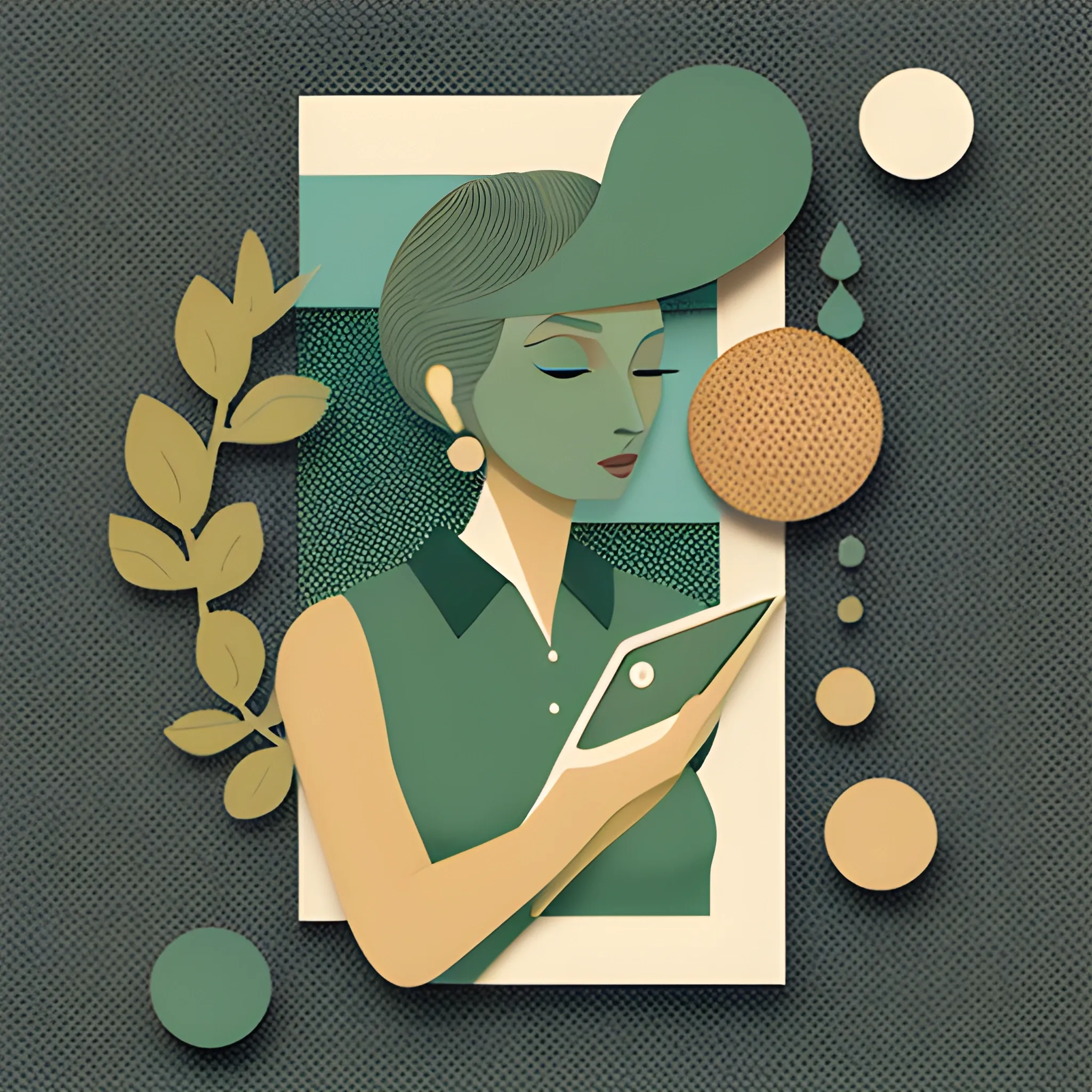 Girl with computer, combination of natural shapes and forms, natural color palette, halftone print using Ben-Day dots, harmonious balance, delicate textures --ar 5:7 --v 6