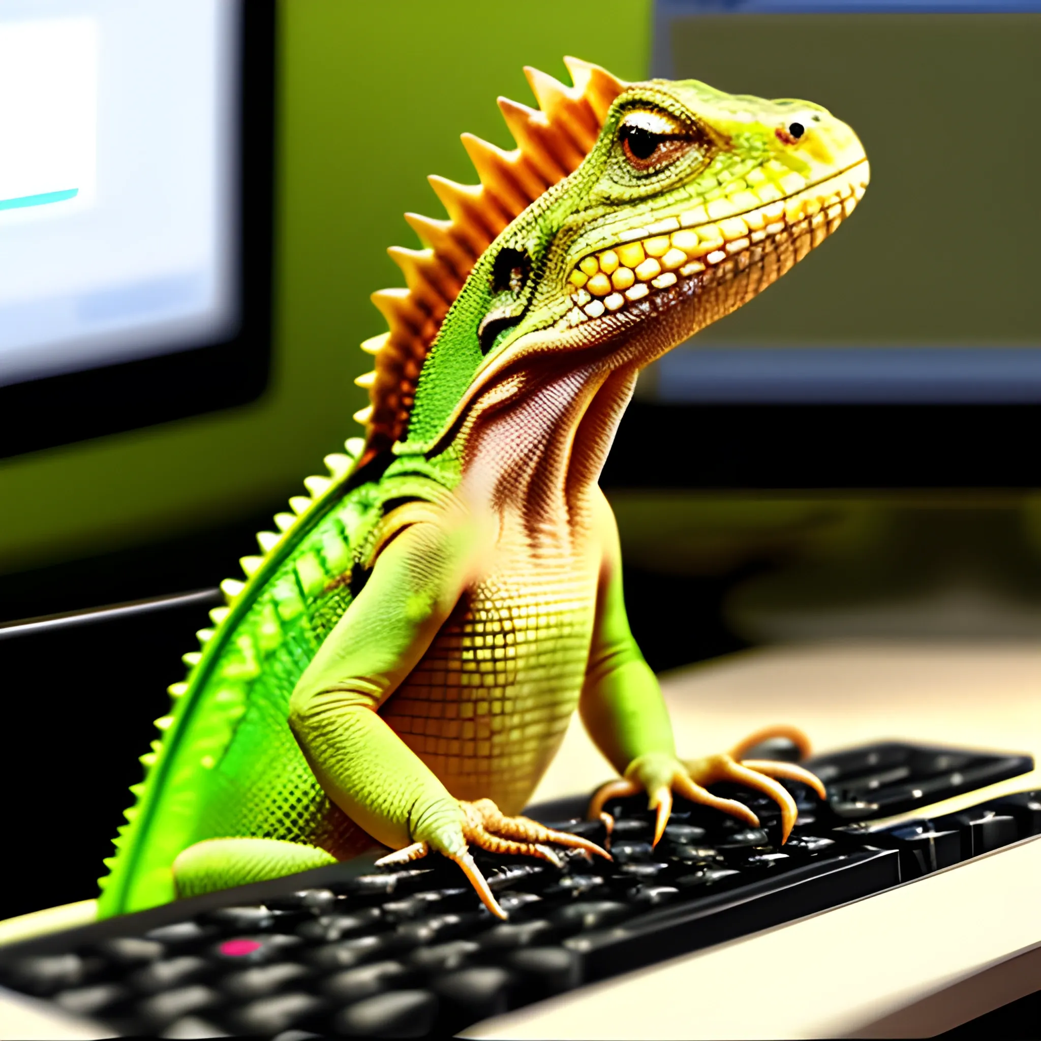 Lizard in headphones working at the computer