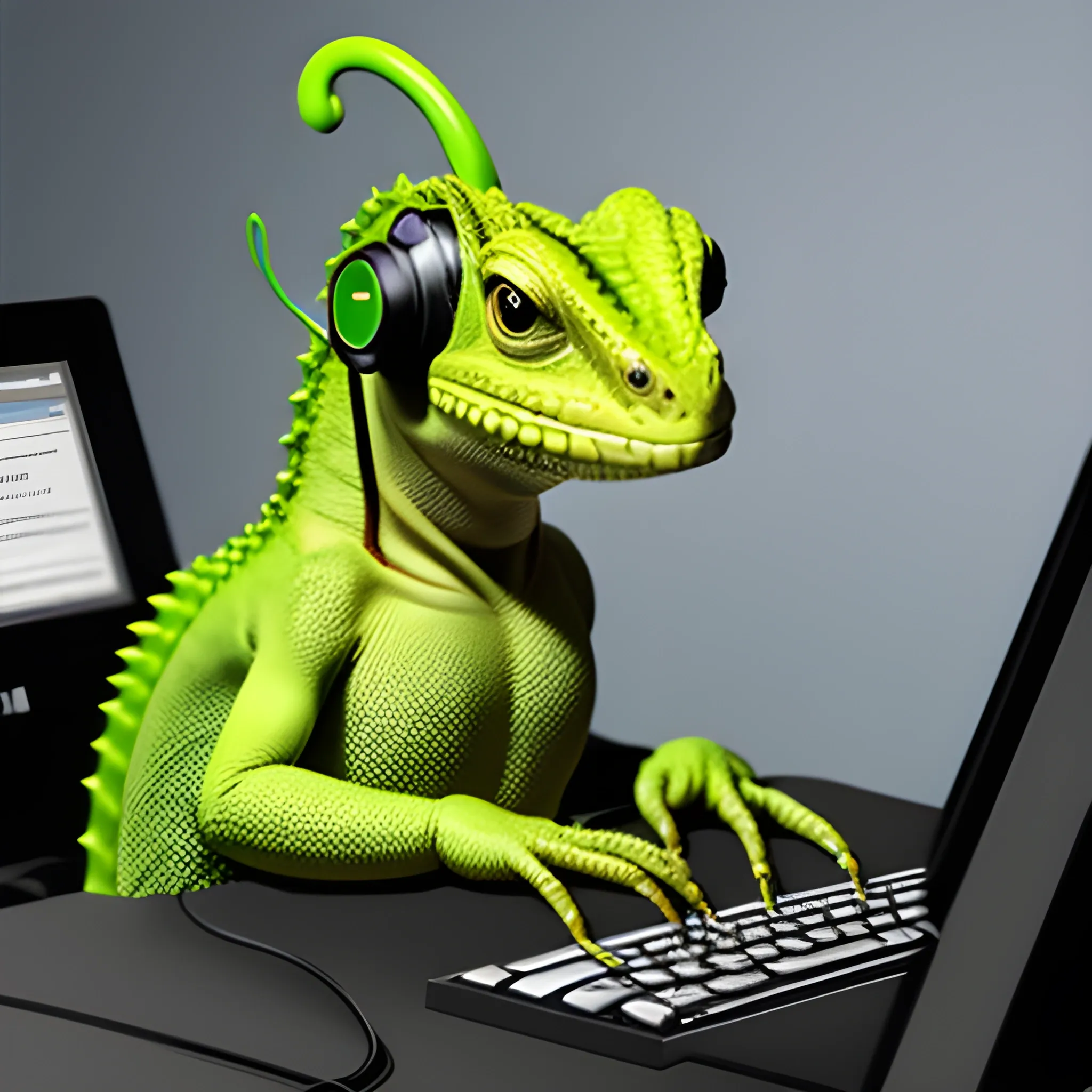 Lizard with headphones on his head working at the computer