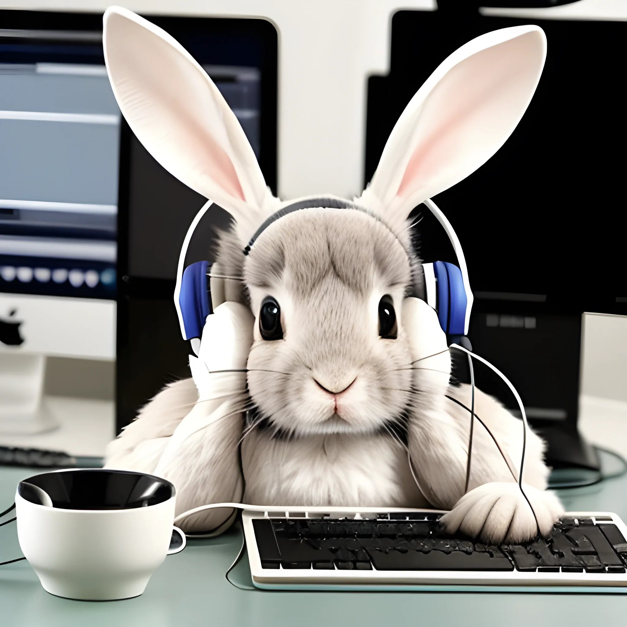 Cute rabbit with headphones on his head working at the computer