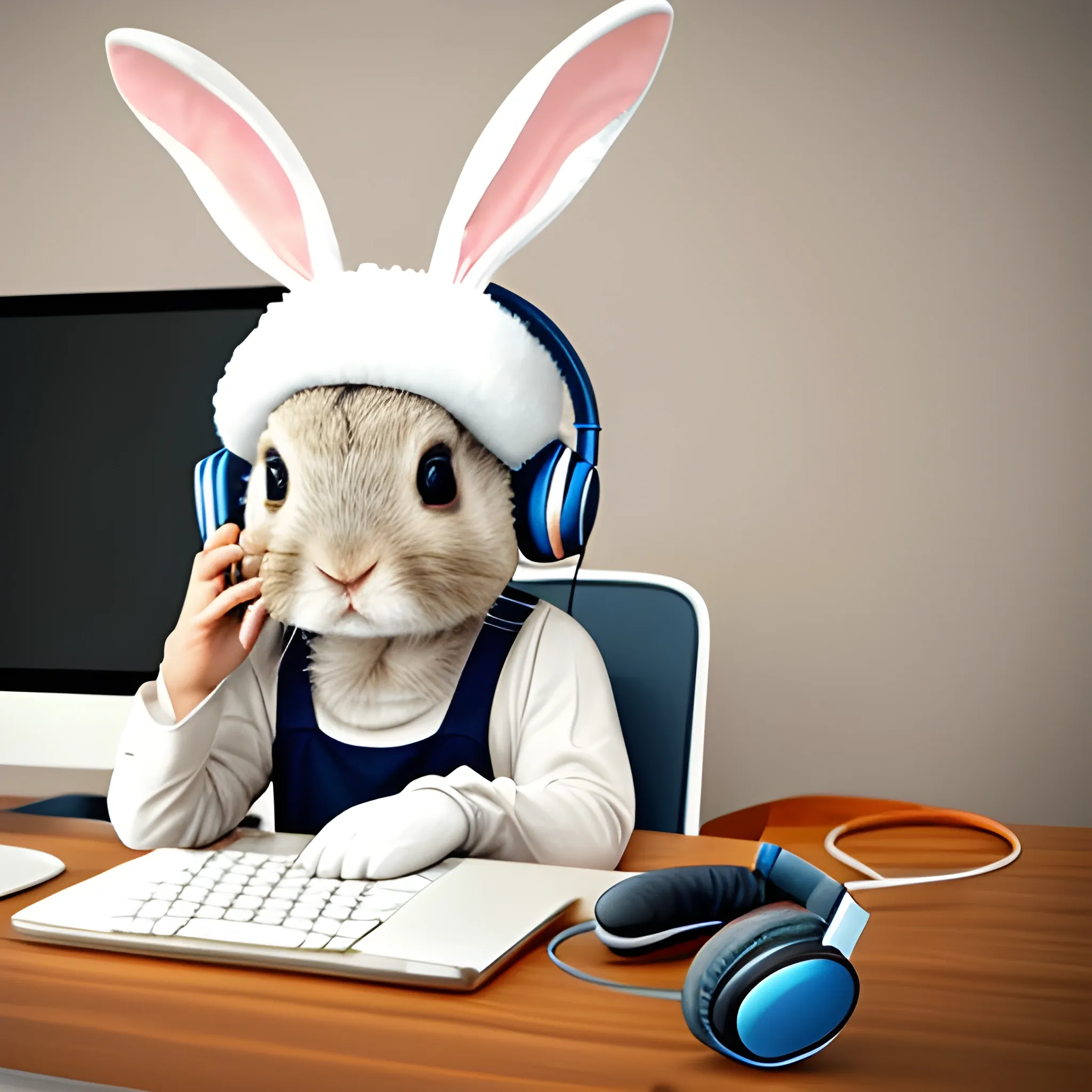 Cute rabbit with headphones on his head working at the computer