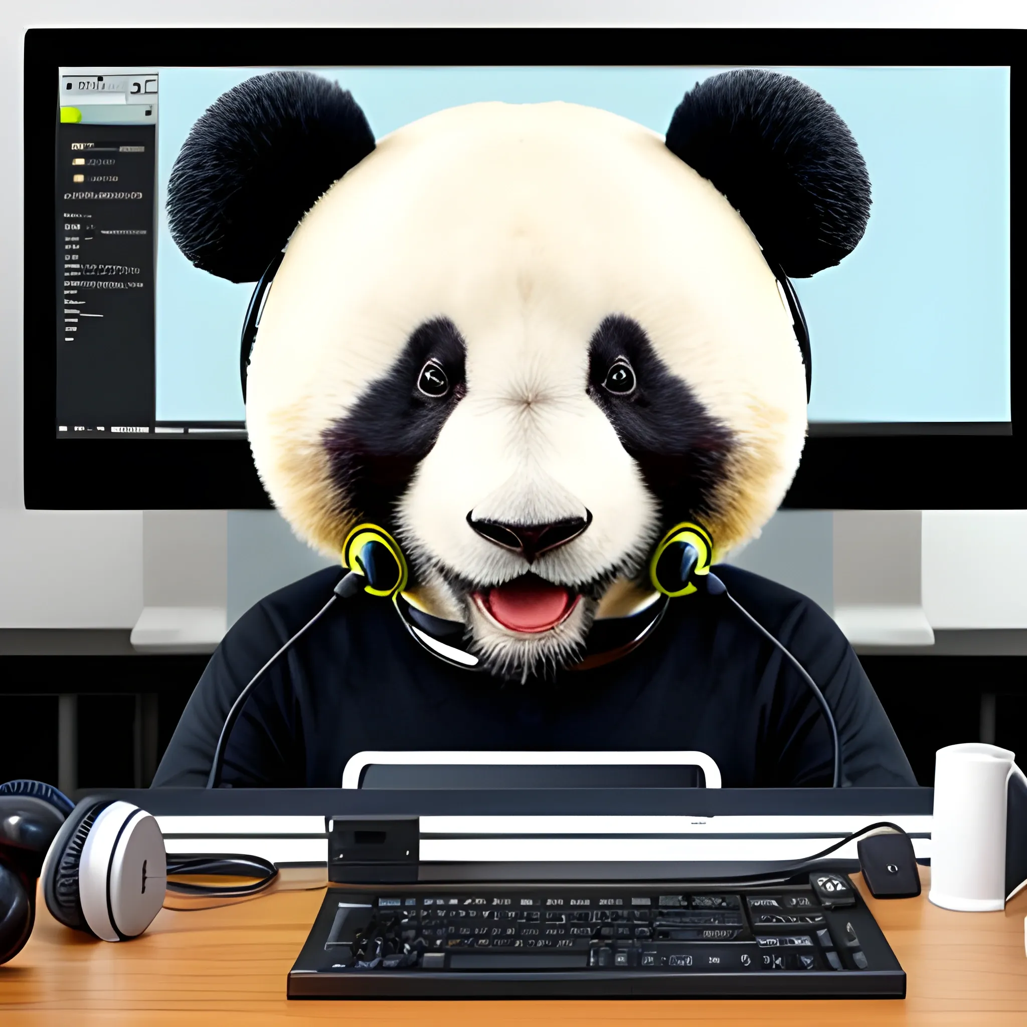 Panda with headphones on his head works at the computer