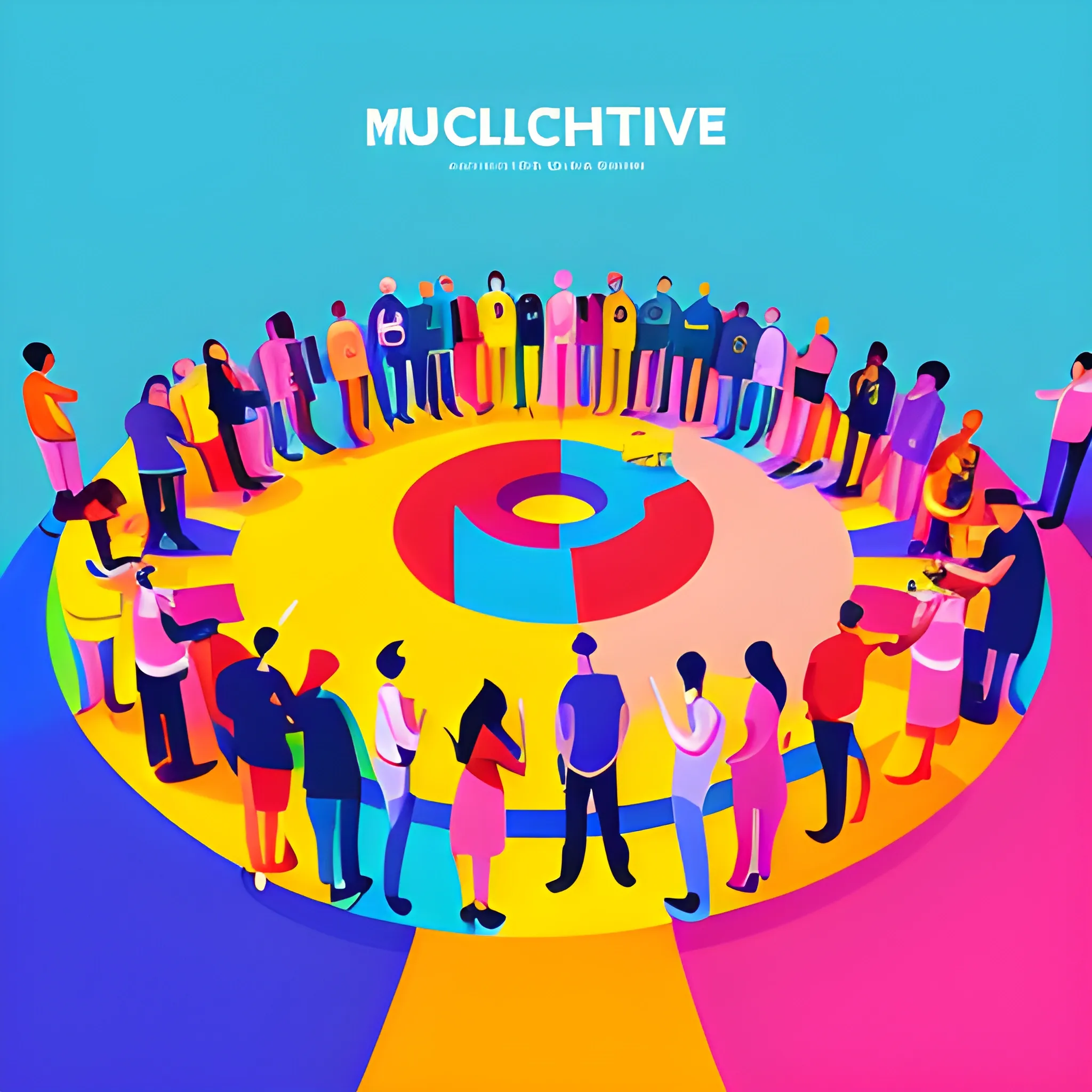 Vibrant illustration showcasing diverse people working together towards successColorful illustration, digital artwork, wide-angle perspective, digital painting, minimalistic design

