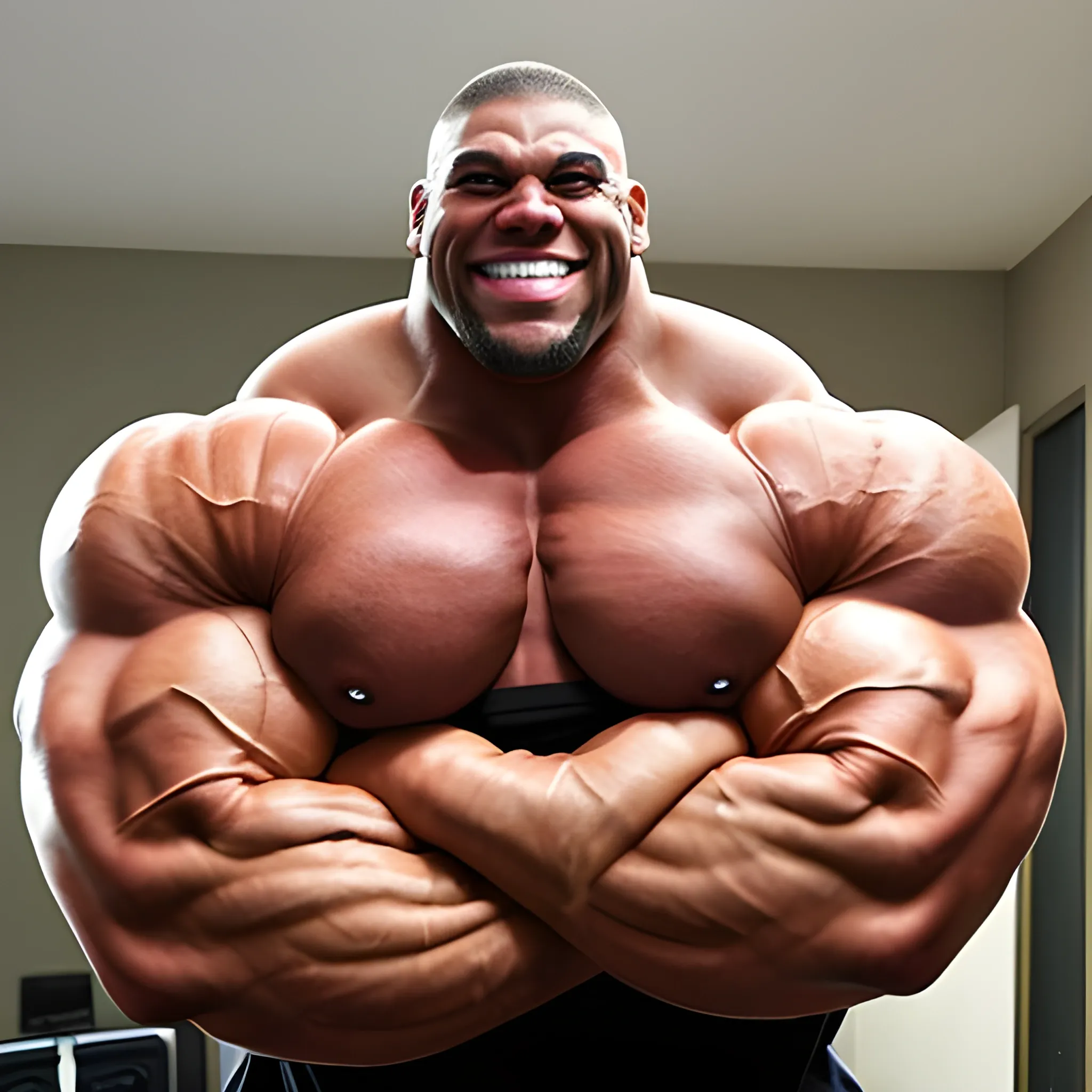 3-meters, beaatiful muscle morph, smile happy, long humongous arms, 3000 lbs bodybuilder, gigantic 300 inches biceps, huge biceps, extremely huge muscular arms, 300 inches enormous triceps, enormous forearms, gigantic traps, 300 inches chest, 
