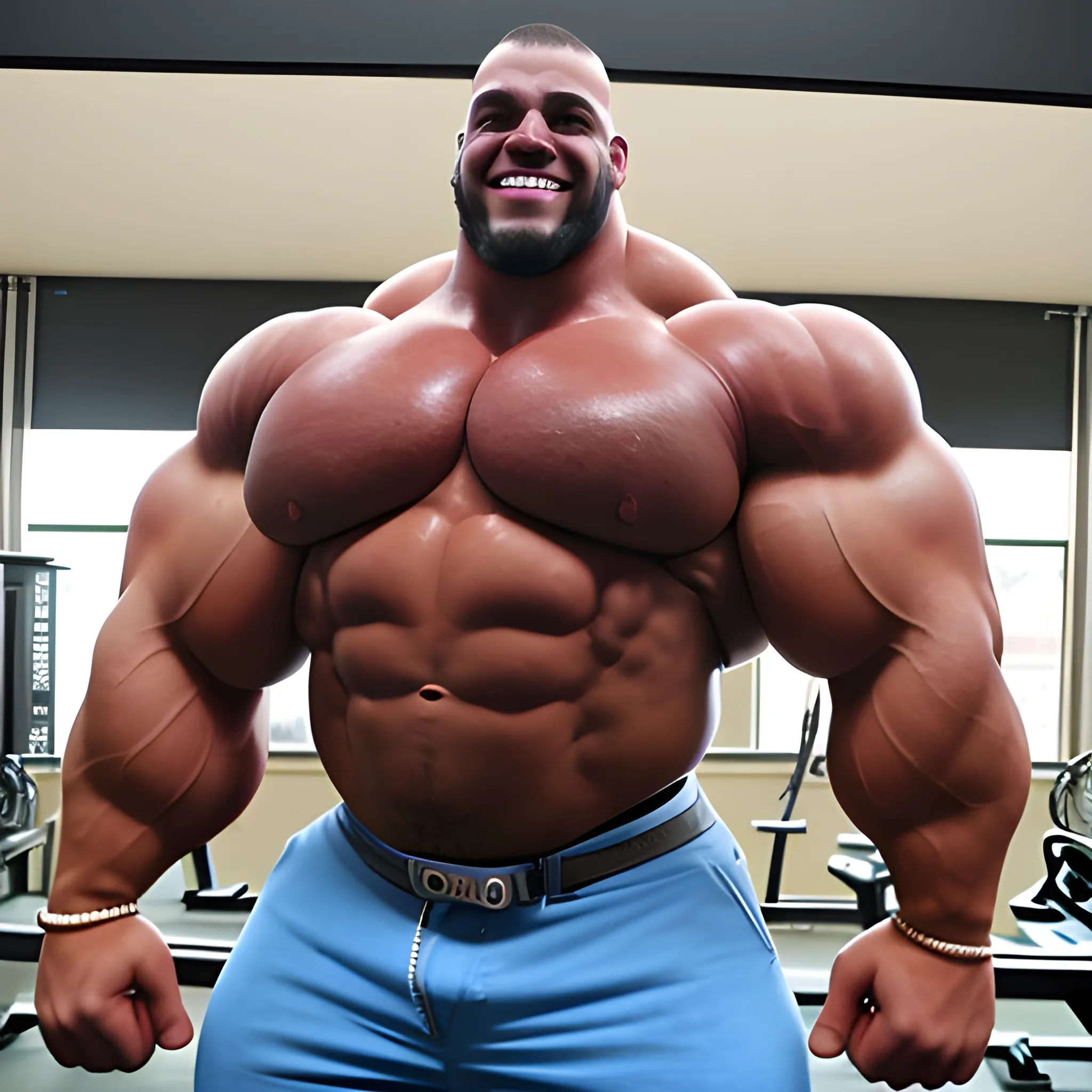 3-meters, beaatiful muscle morph, smile happy, long humongous arms, 3000 lbs bodybuilder, gigantic 300 inches biceps, huge biceps, extremely huge muscular arms, 300 inches enormous triceps, enormous forearms, gigantic traps, 300 inches chest, 
