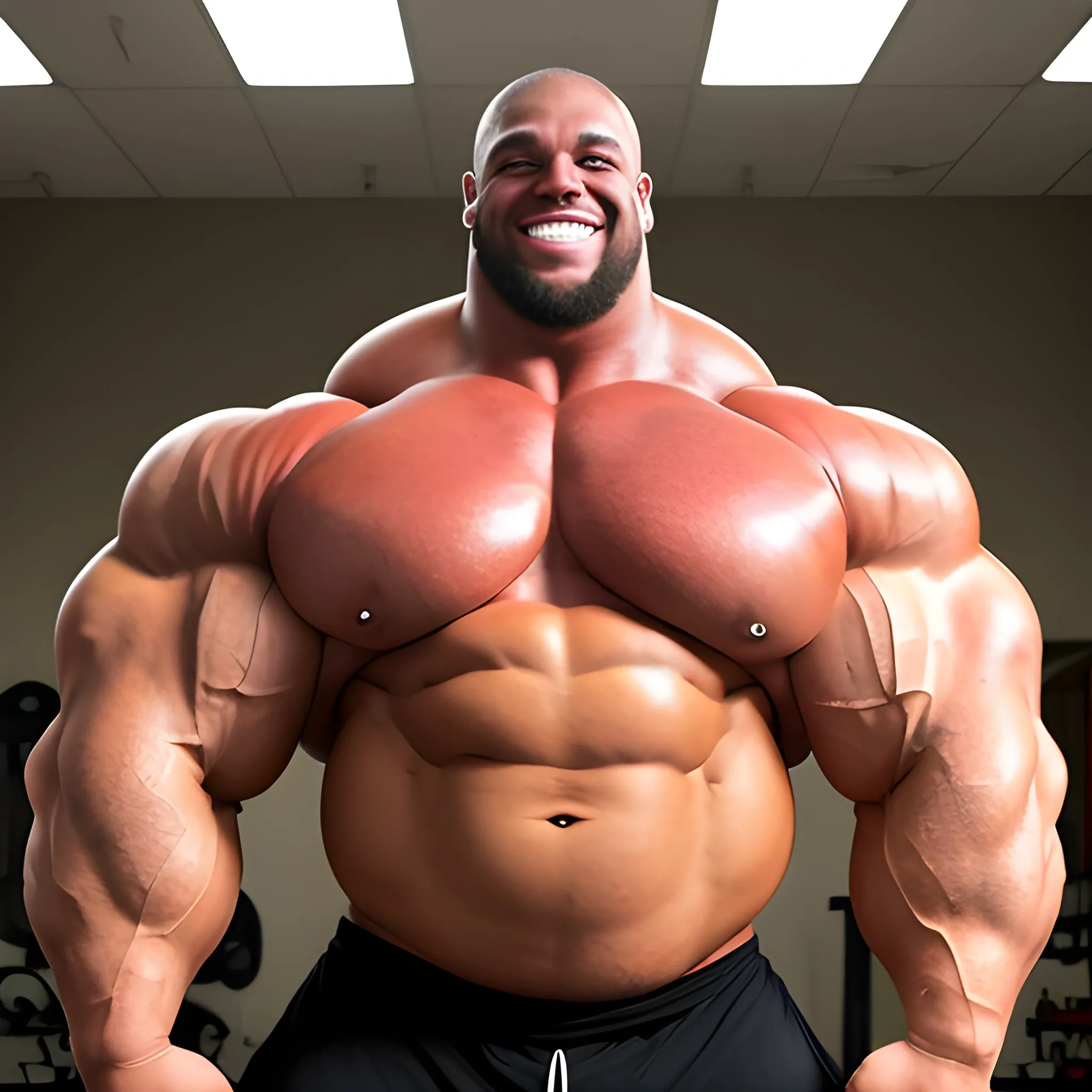 3-meters, beaatiful muscle morph, smile happy, long humongous arms, 3000 lbs bodybuilder, gigantic 300 inches biceps, huge biceps, extremely huge muscular arms, 300 inches enormous triceps, enormous forearms, gigantic traps, 300 inches chest, 
