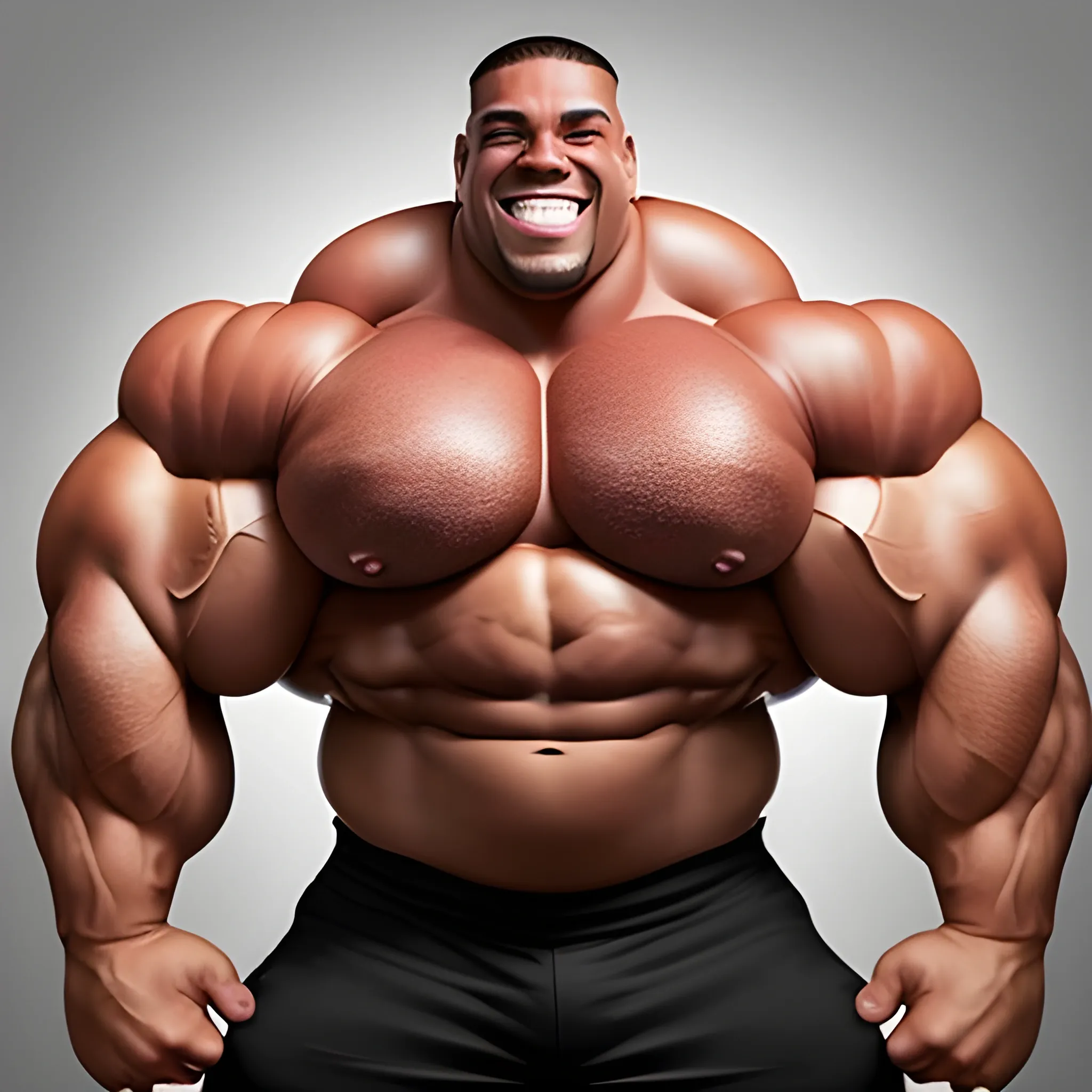 3-meters, beaatiful muscle morph, smile happy, long humongous arms, 3000 lbs bodybuilder, gigantic 300 inches biceps, huge biceps, extremely huge muscular arms, 300 inches enormous triceps, enormous forearms, gigantic traps, 300 inches chest, 
