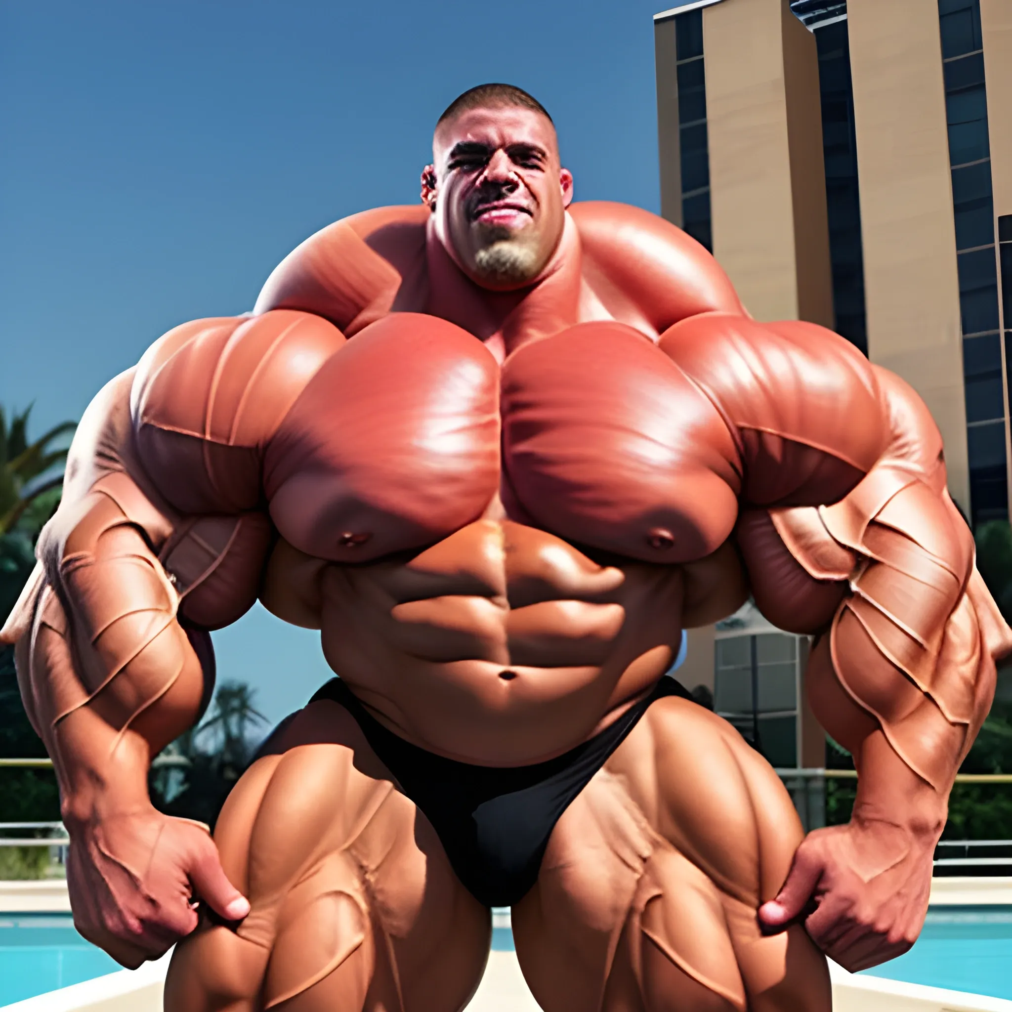 3-meters, beaatiful muscle morph, 3000 lbs bodybuilder, gigantic 300 inches biceps, huge biceps, extremely huge muscular arms, 300 inches enormous triceps, enormous forearms, gigantic traps, 300 inches chest, 
