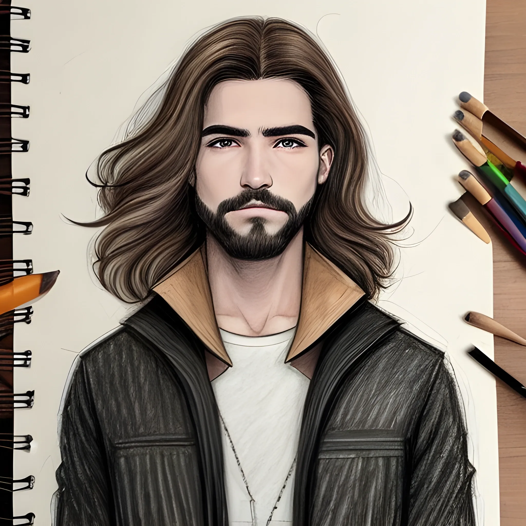 dibujo en escala de grises, sin fondo, de un hombre moderno parecido a Jesús, con cabello largo, chaqueta de cuero, collar y una mochila mensajera