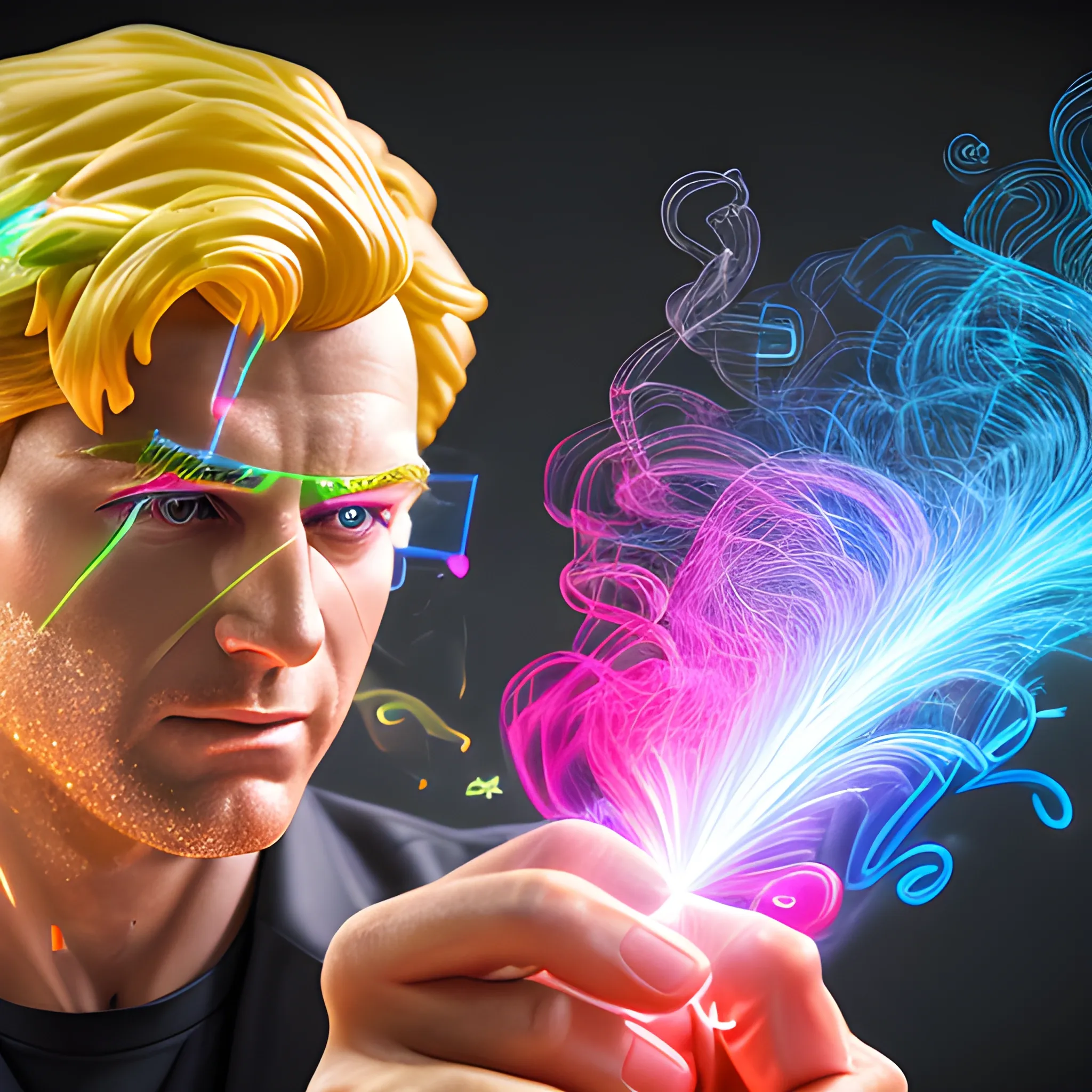 product advertise photo, a 3d mockup render of a action figure in original promotional plastic packaging with colorful 3d font text "SOCIAL MEDIA BUSINESS24", inside the package we see a highly detailed resin action figure of a blonde hair fashion man with a glowing smartphone,he is breaking free out of the bursting packaging with bold font text: "click here" maximalist detail, product presentation with lasershow and colorful smoke. The images are in 8K resolution and HD, in the style of realistic photography.