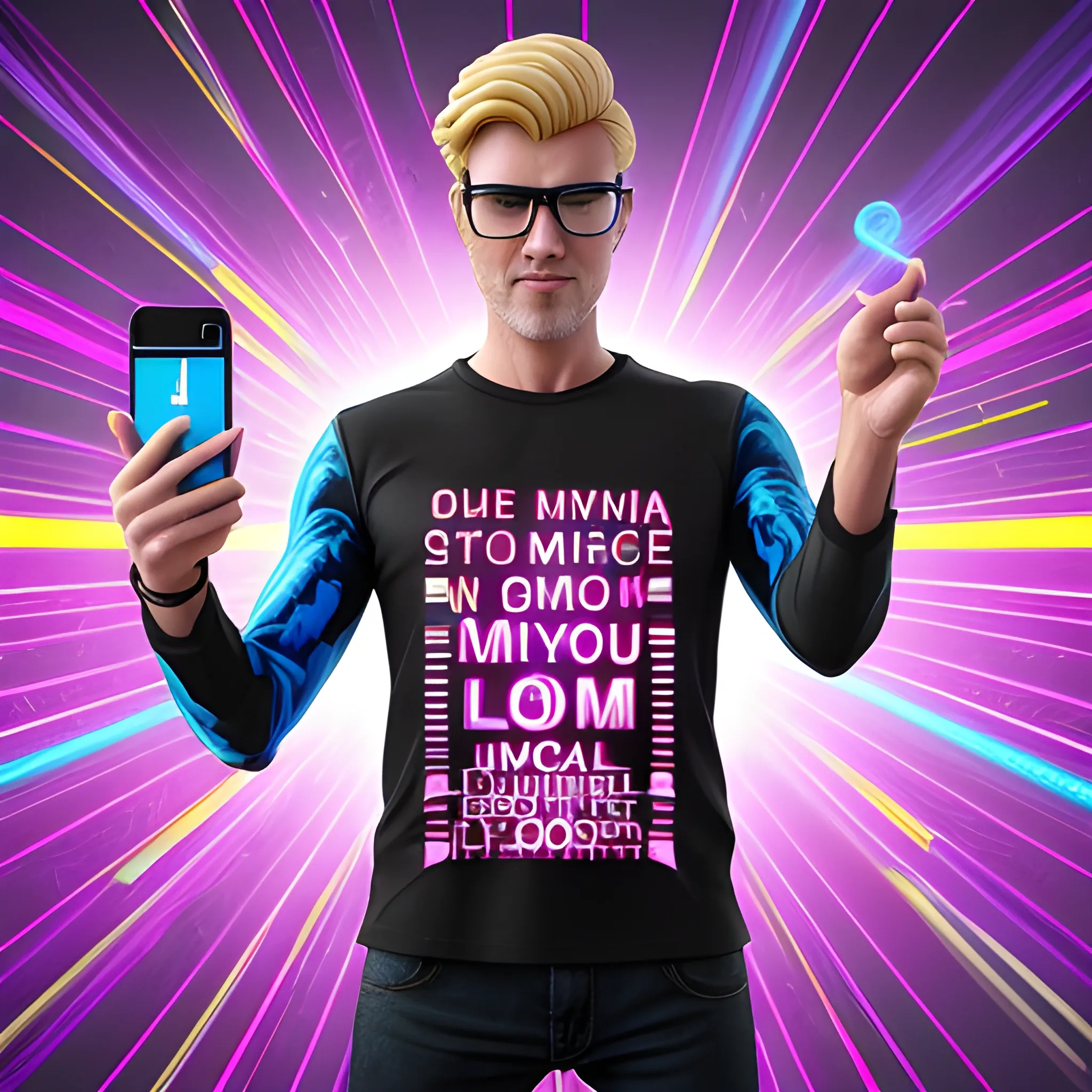 Create yourself as action figure with this prompt : 

product advertise photo, a 3d mockup render of a action figure in original promotional plastic packaging with colorful 3d font text "SOCIAL MEDIA BUSINESS24", inside the package we see a highly detailed resin action figure of a blonde hair fashion man with a glowing smartphone,he is breaking free out of the bursting packaging with bold font text: "click here" maximalist detail, product presentation with lasershow and colorful smoke. The "tik tok" images are in 8K resolution and HD, in the style of realistic photography., Cartoon