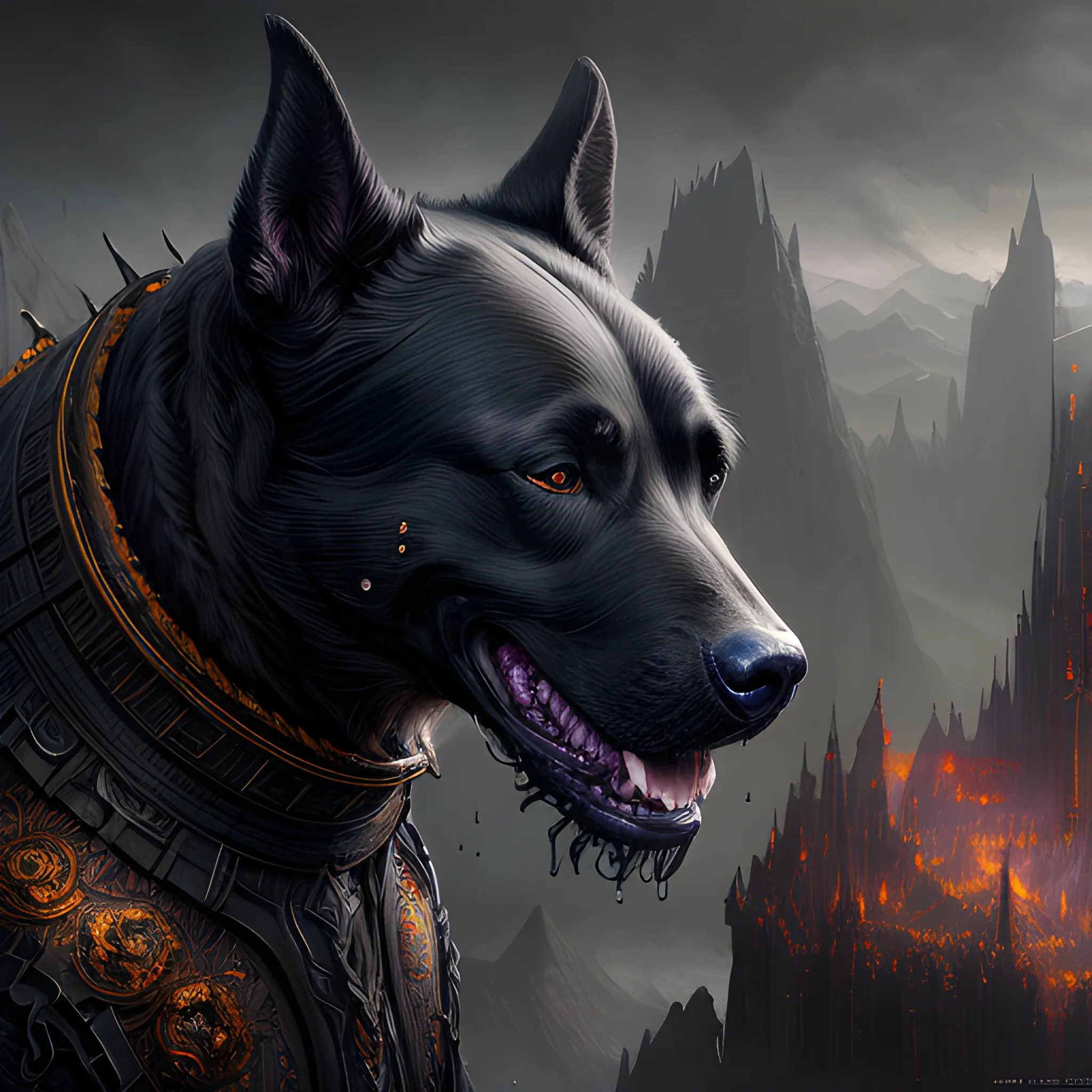 black, big dog, darkness, photorealistic, hyperrealistic, detailed, detailed matte painting, deep color, fantastical, intricate detail, splash screen, complementary colors, fantasy concept art, 8k resolution trending on Artstation Unreal