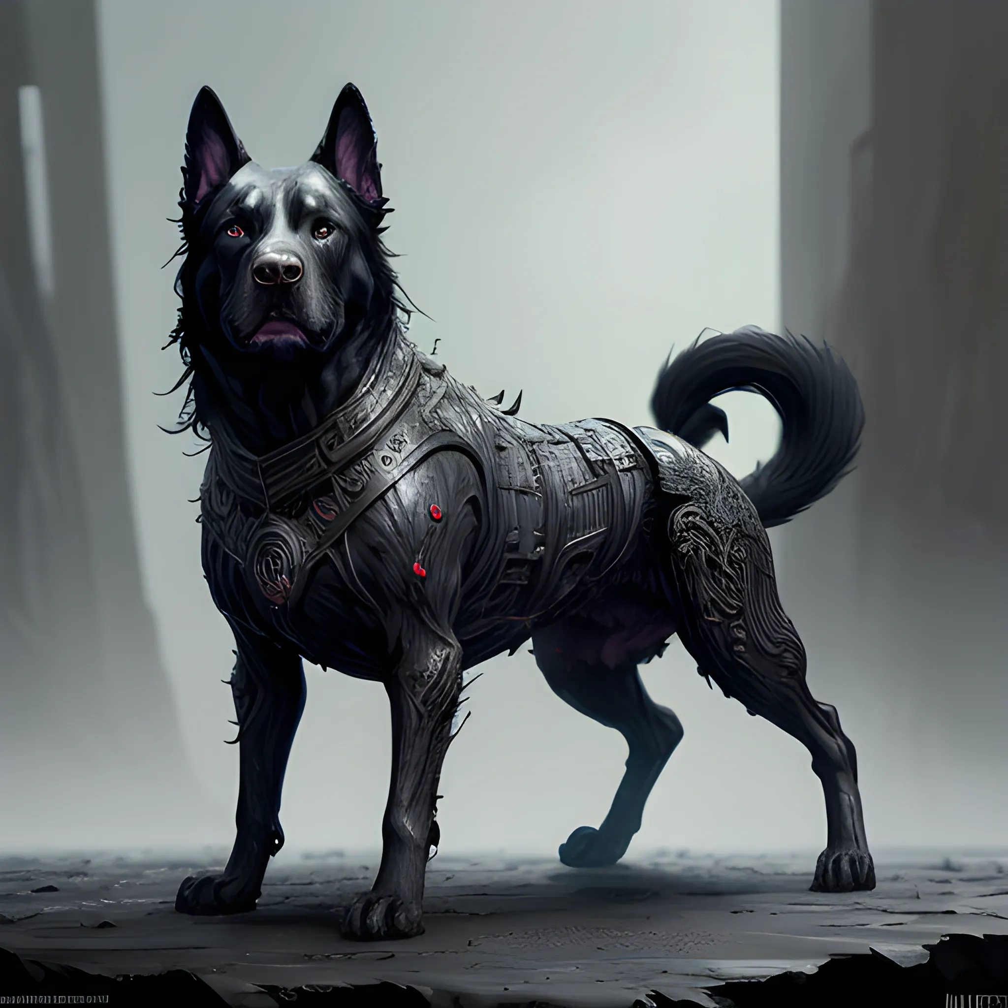 black, big dog, darkness, full body, without armor, nude dog, photorealistic, hyperrealistic, detailed, detailed matte painting, deep color, fantastical, intricate detail, splash screen, complementary colors, fantasy concept art, 8k resolution trending on Artstation Unreal