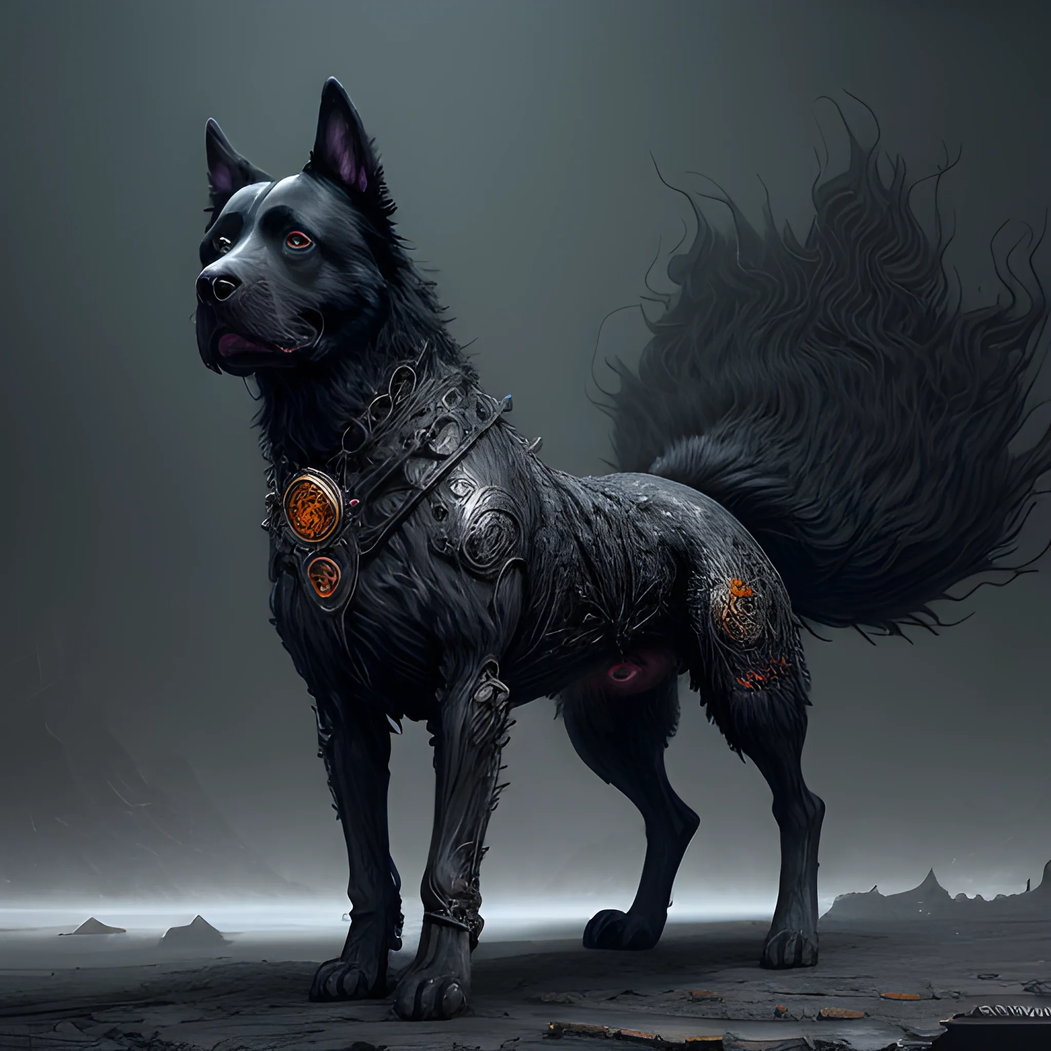 black, big dog, darkness, full body, black fur, nude, photorealistic, hyperrealistic, detailed, detailed matte painting, deep color, fantastical, intricate detail, splash screen, complementary colors, fantasy concept art, 8k resolution trending on Artstation Unreal