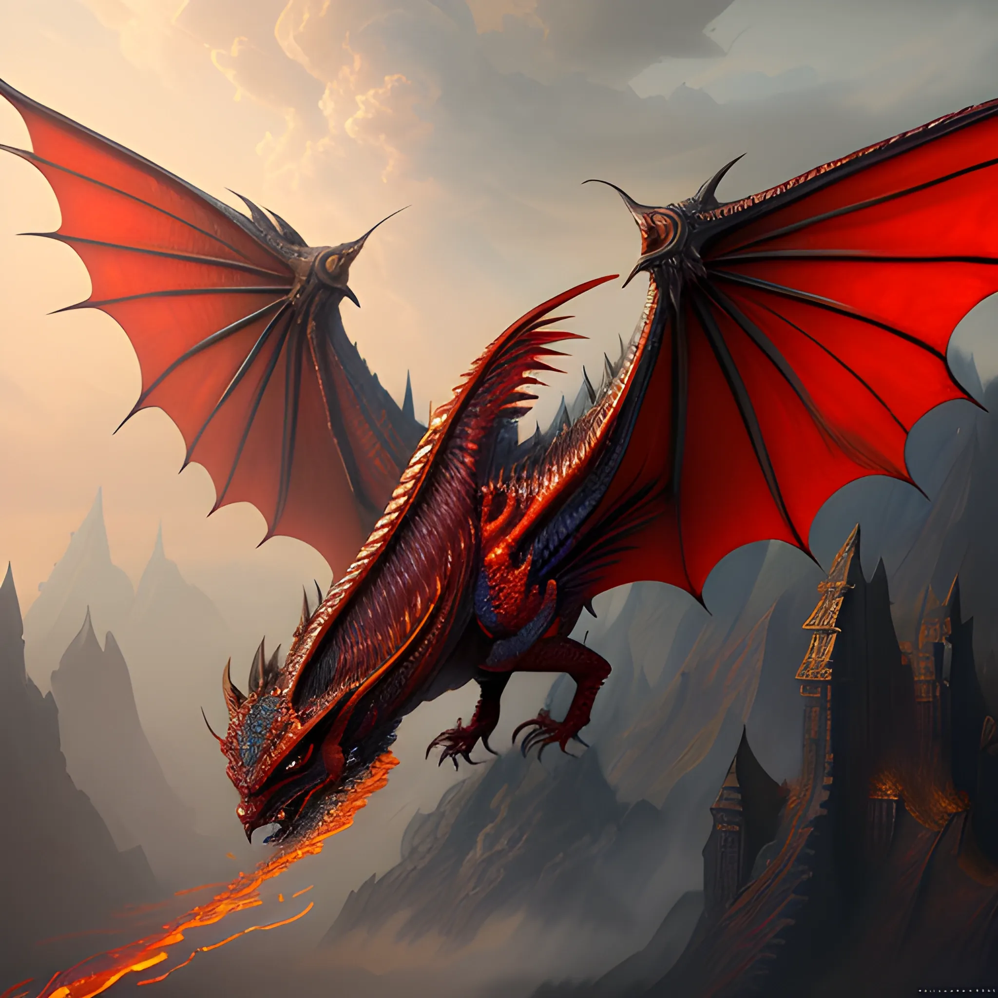 red dragon with wings, fire, photorealistic, hyperrealistic, detailed, detailed matte painting, deep color, fantastical, intricate detail, splash screen, complementary colors, fantasy concept art, 8k resolution trending on Artstation Unreal