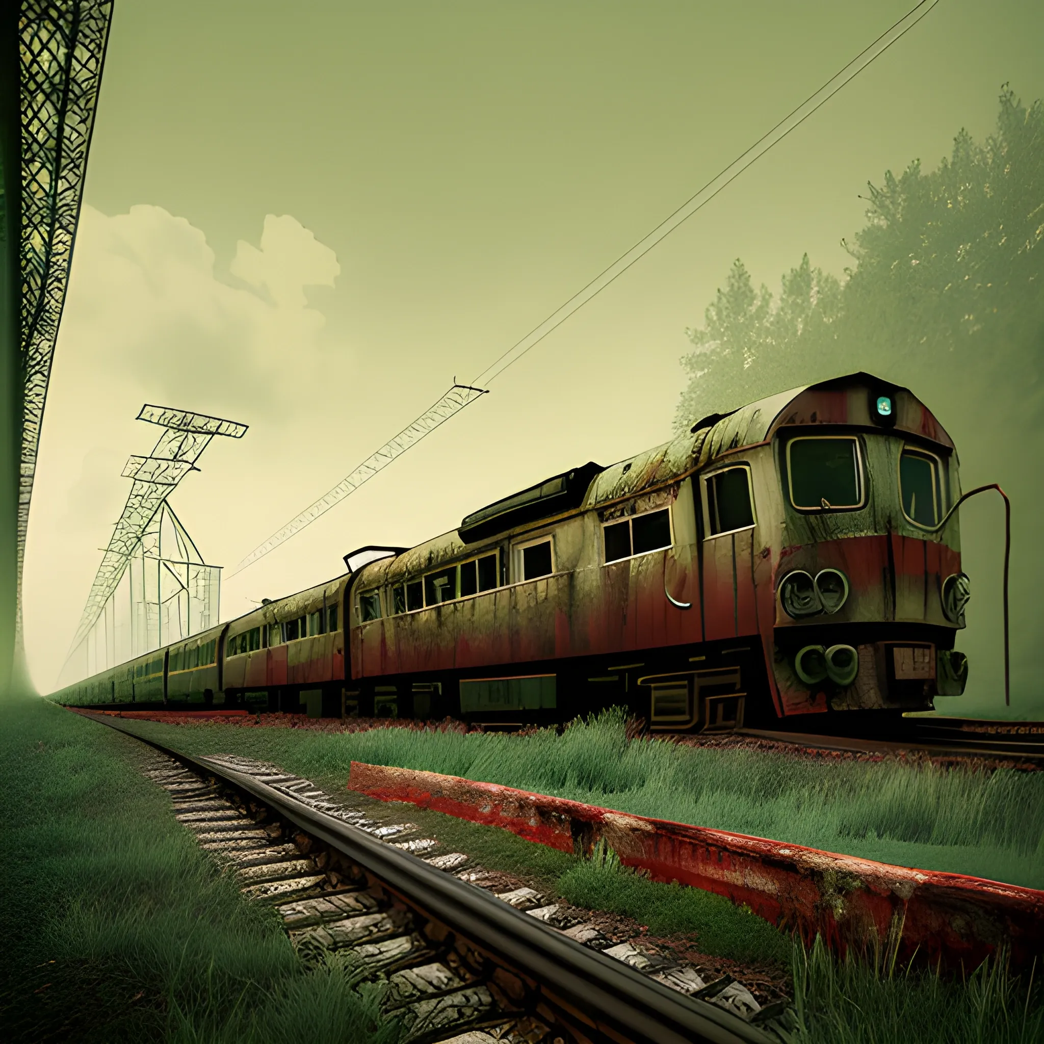  Photograph of an apocalyptic train, desolate and overrun by nature, in rust red and forest green color palette, set against an overgrown railway background --ar 2:1 --v 6.0