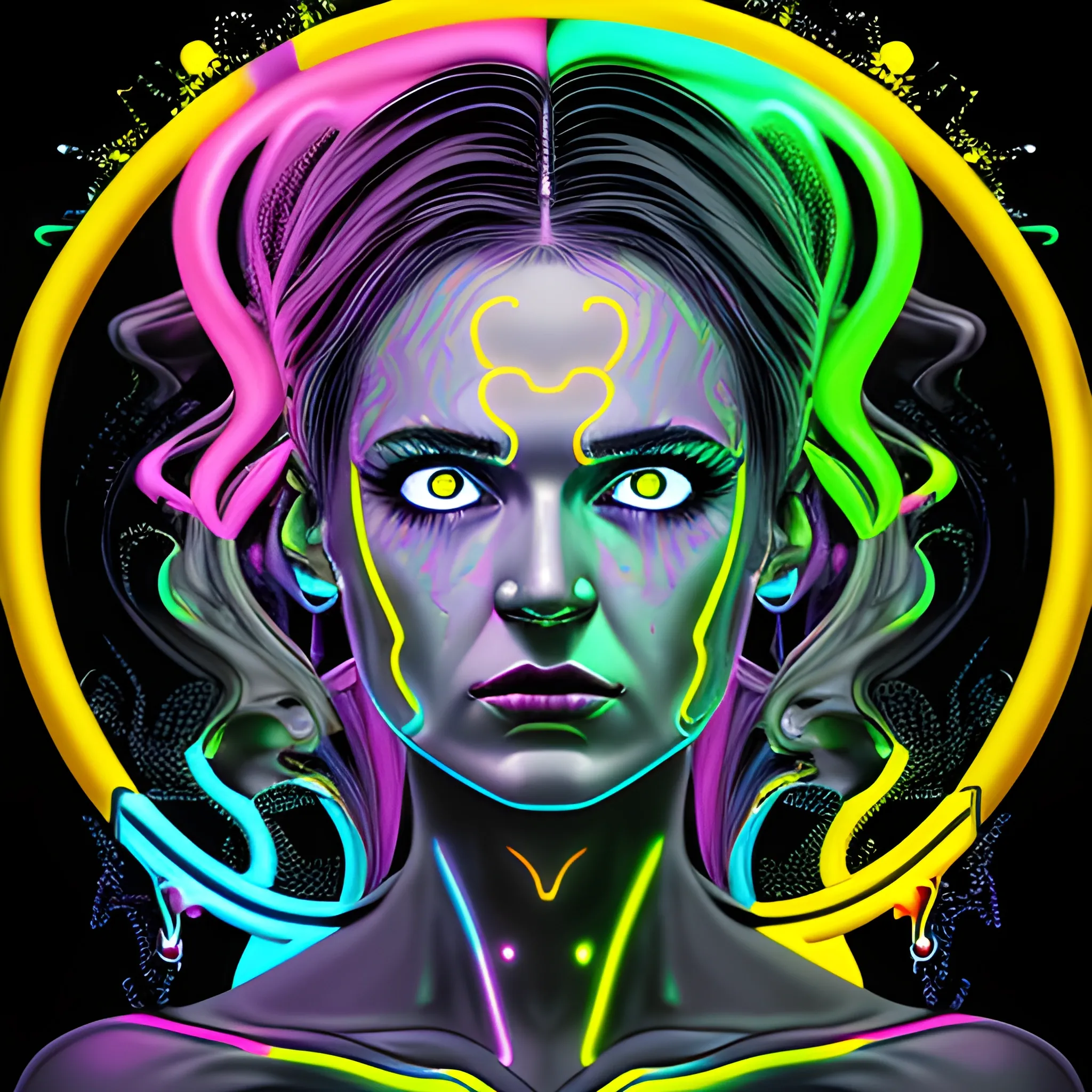 Portrait of a woman with glass head, fluid bright neon colours running through it. vibrant colours, bright yellow neon eyes. dark grey background. ultra detailed and hyperrealistic --ar 16:9 --v 6.0 --style raw