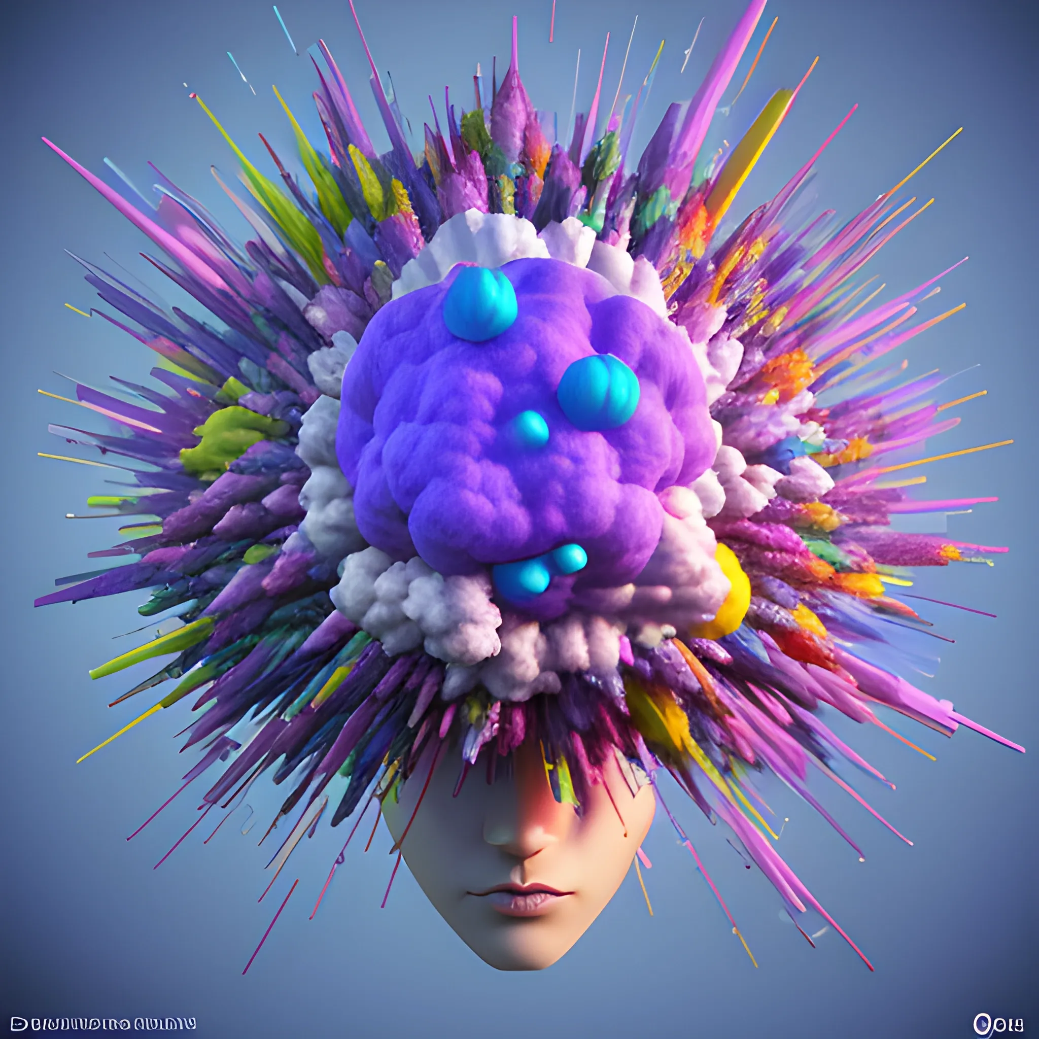 3D render of a vibrant, exploding mind with dreamlike elements, 3D