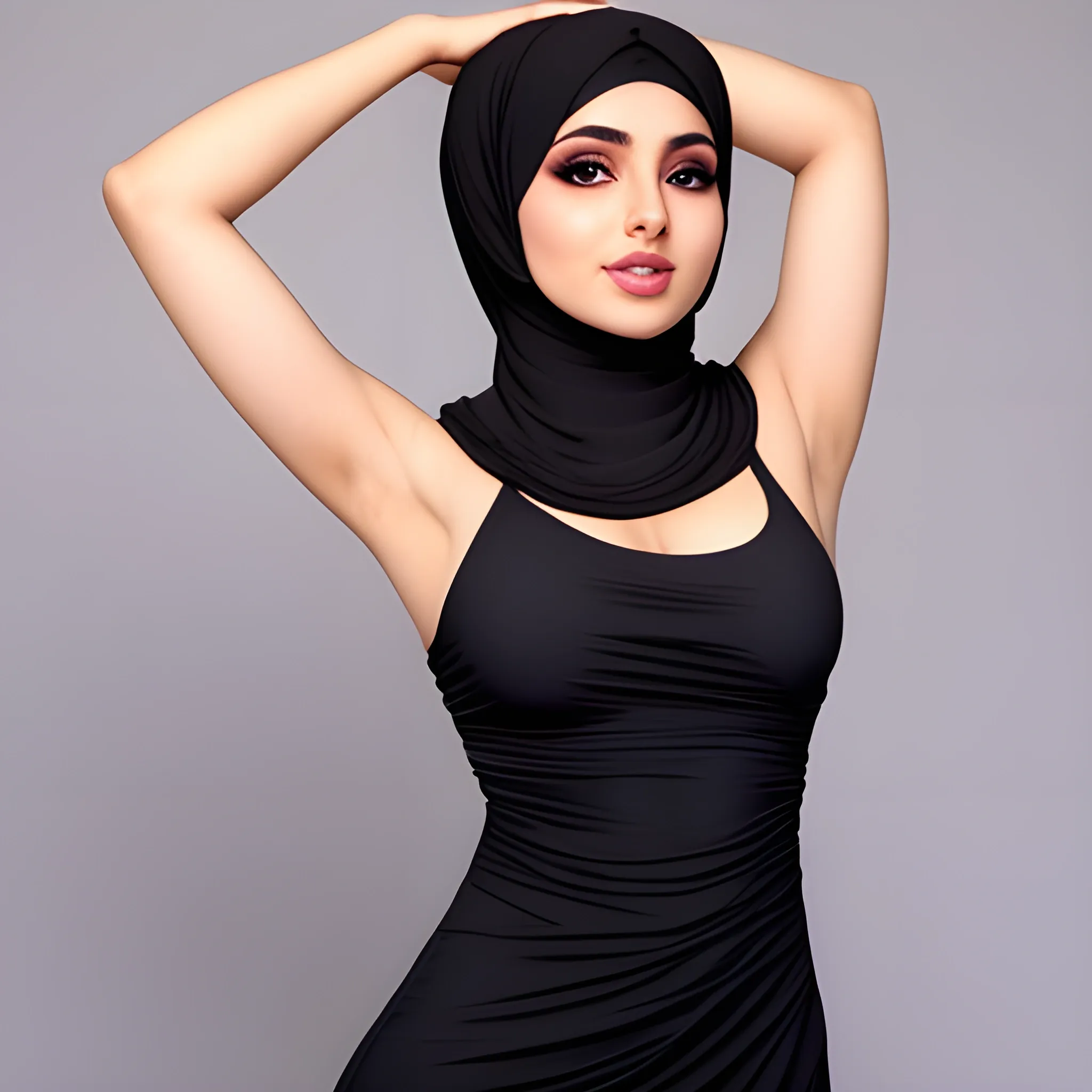 Sexy hijabi, wearing a revealing dress, showing off smooth armpits, dress very thing material
