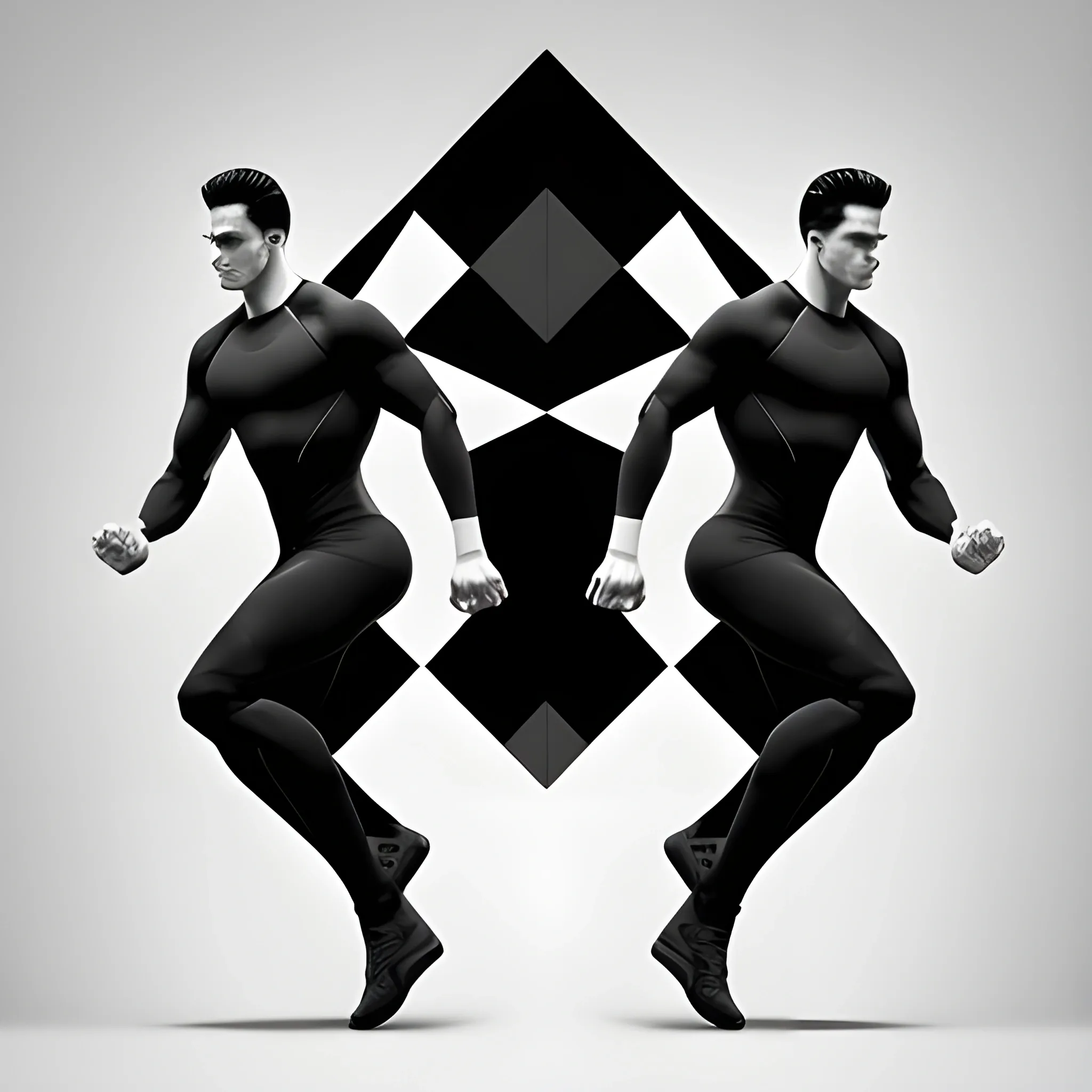 Generate a minimalist futurist poster with sleek architectural elements in a monochrome palette. Subtly integrate a Celtic triad motif into the design. Use a brutalist background to provide depth and texture. Highlight two athletic males in skintight attire in the foreground, showcasing dynamic poses that emphasize the male physique.