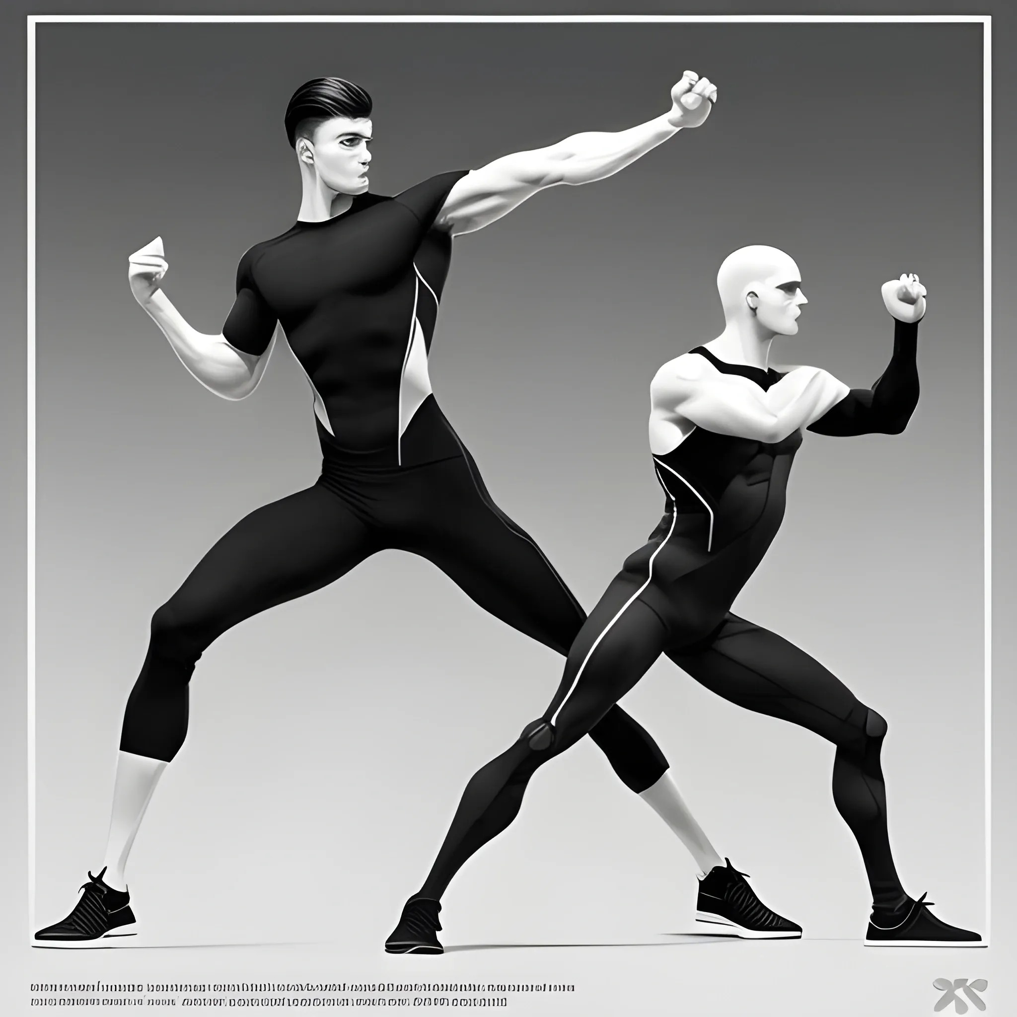 Generate a minimalist futurist poster with sleek architectural elements in a monochrome palette. Highlight two athletic males in skintight attire in the foreground, showcasing dynamic poses that emphasize the male physique.