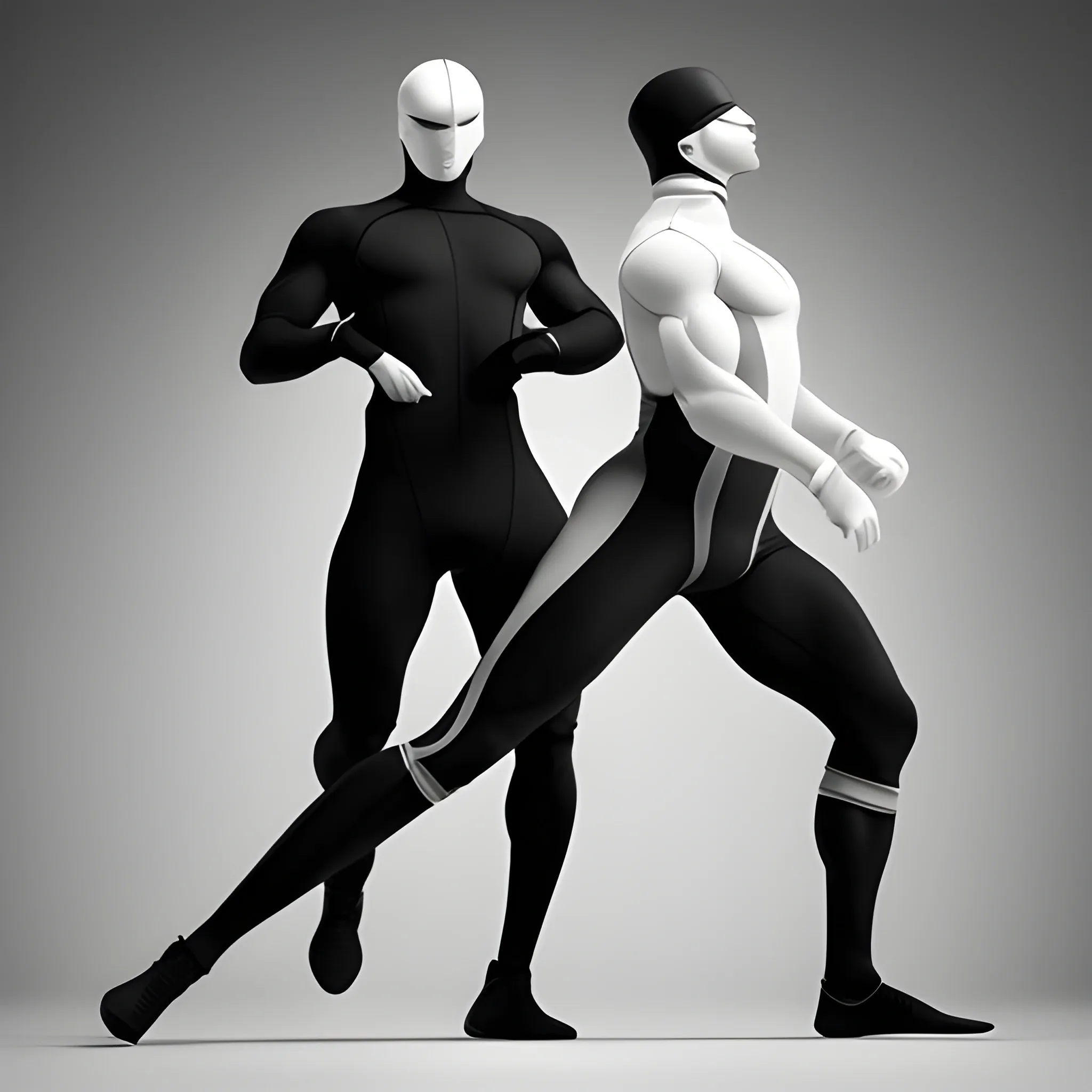 Generate a minimalist futurist poster with sleek architectural elements in a monochrome palette. Highlight two athletic males in skintight attire in the foreground, showcasing dynamic poses that emphasize the male physique., 3D