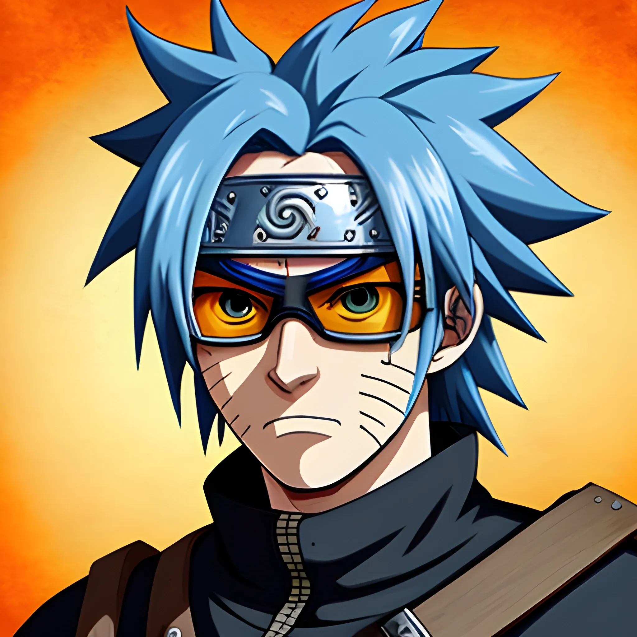 medieval warrior with sunglasses with blue hair, old face, naruto art style