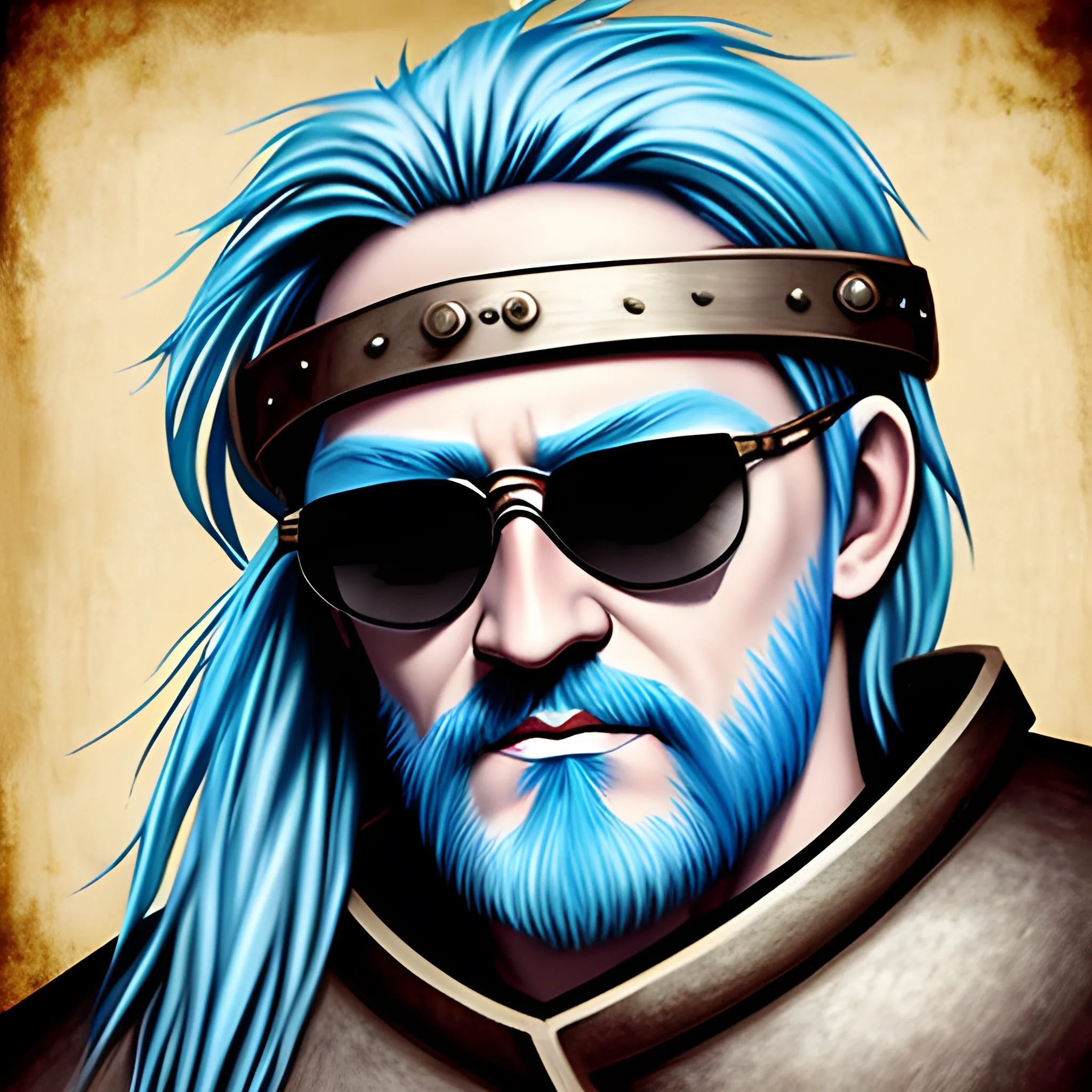 medieval warrior with sunglasses with blue hair, old face, bleach art style