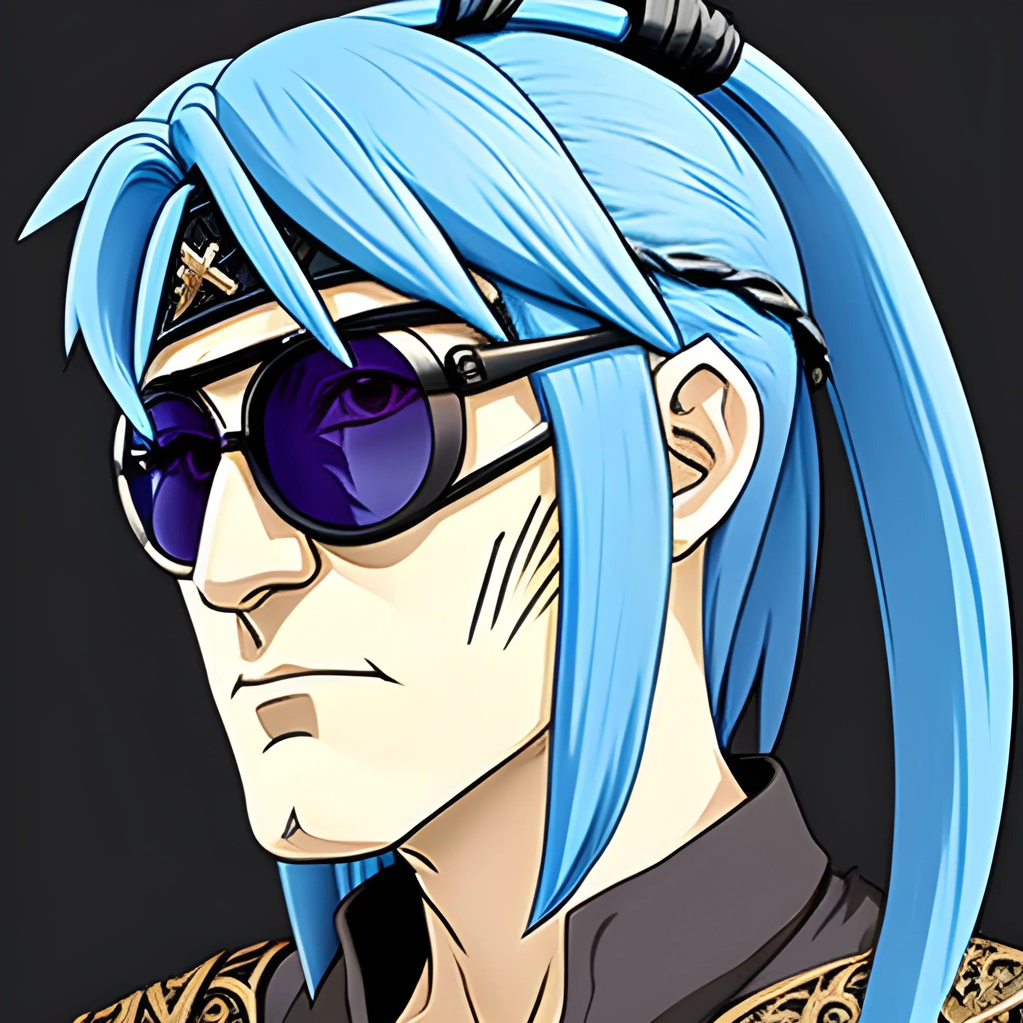 medieval warrior, sunglasses ,blue hair, old face,art style Kage no Jitsuryokusha ni Naritakute! 