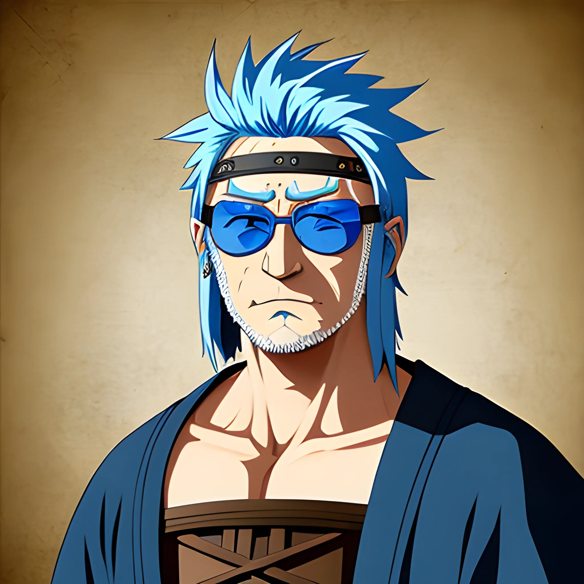 medieval warrior, sunglasses ,blue hair, old face,art style Kage no Jitsuryokusha ni Naritakute! 