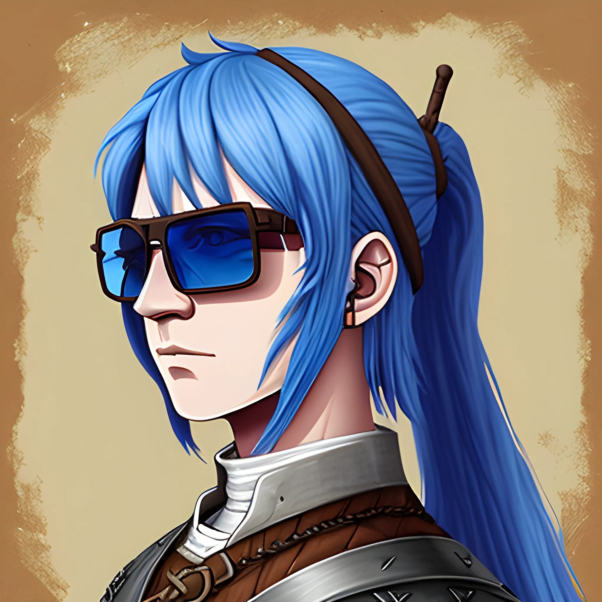 medieval warrior, sunglasses ,blue hair, old face,art style  rpg maker mv