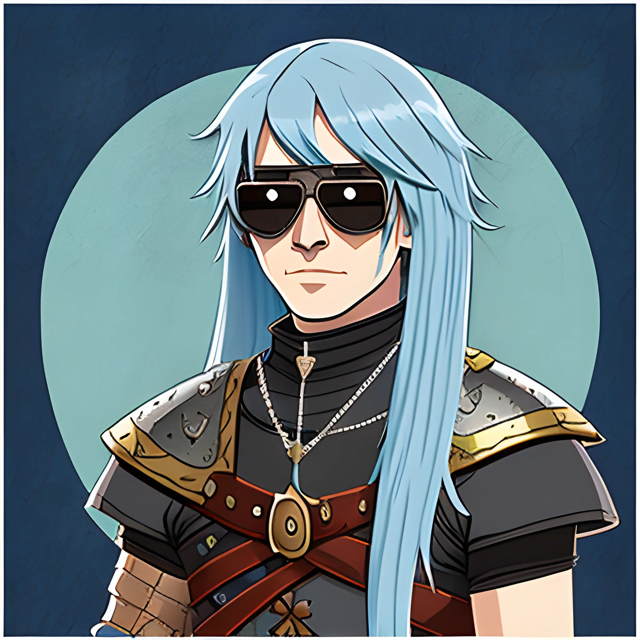 medieval warrior, sunglasses ,blue hair, old face,art style  rpg maker mv