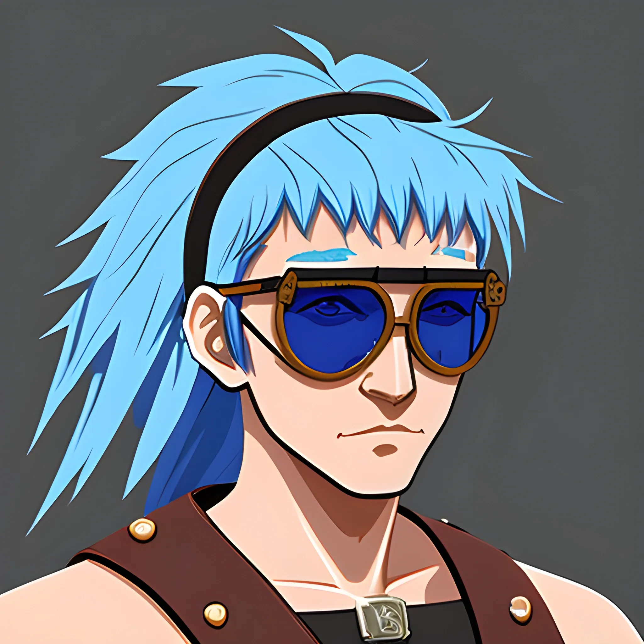 medieval warrior, sunglasses ,blue hair, old face,art style  rpg maker mv