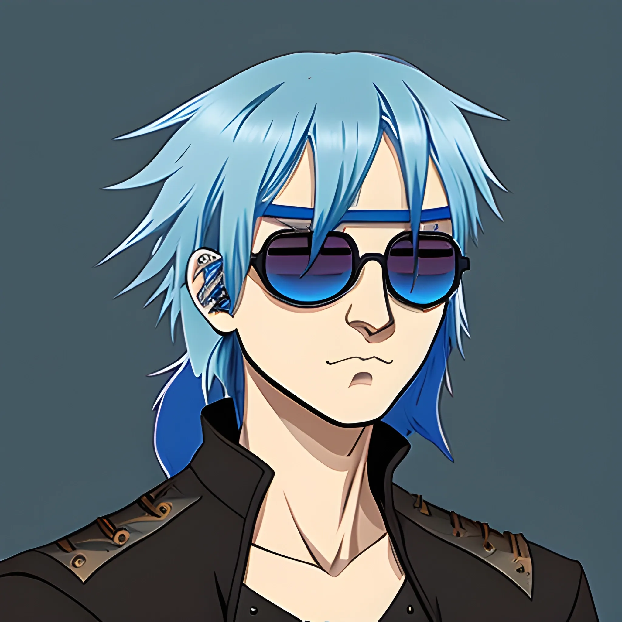 medieval warrior, sunglasses ,blue hair, old face,art style  anime