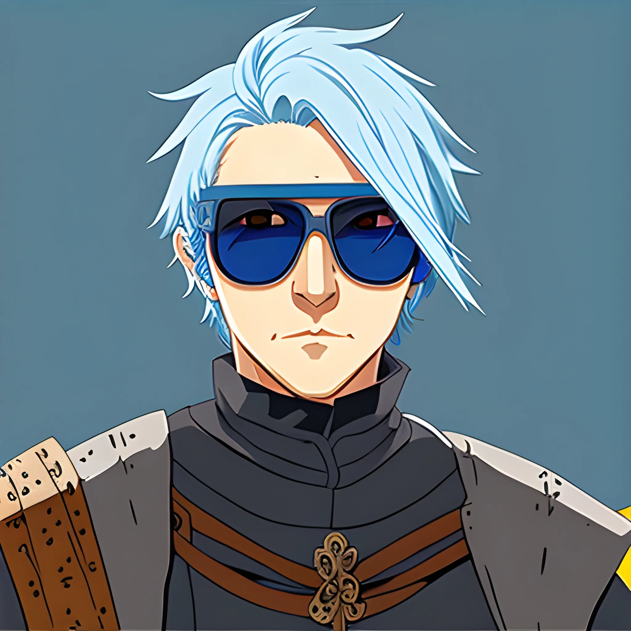 medieval warrior, sunglasses ,blue hair, old face,art style  anime