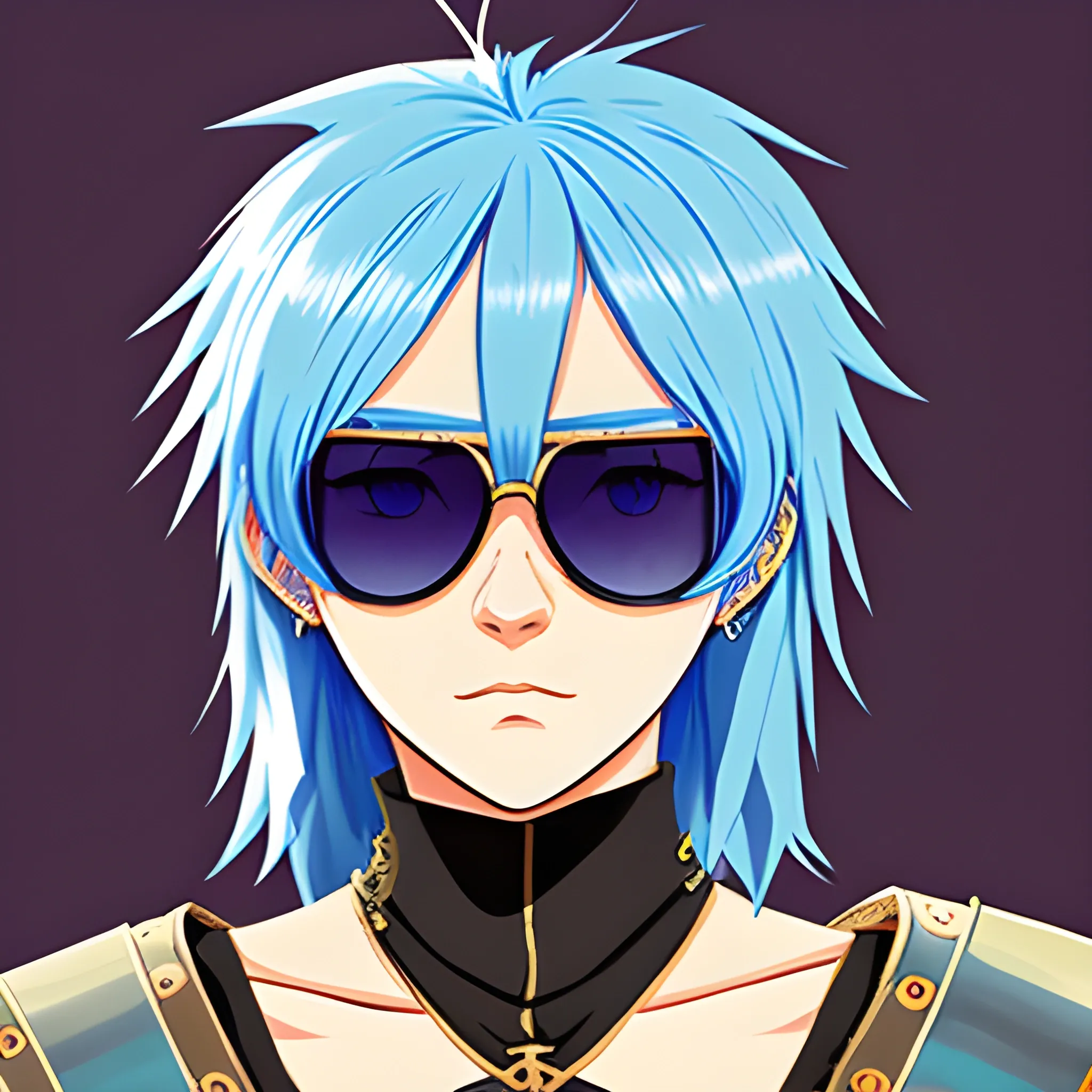 medieval warrior, sunglasses ,blue hair,,art style  anime