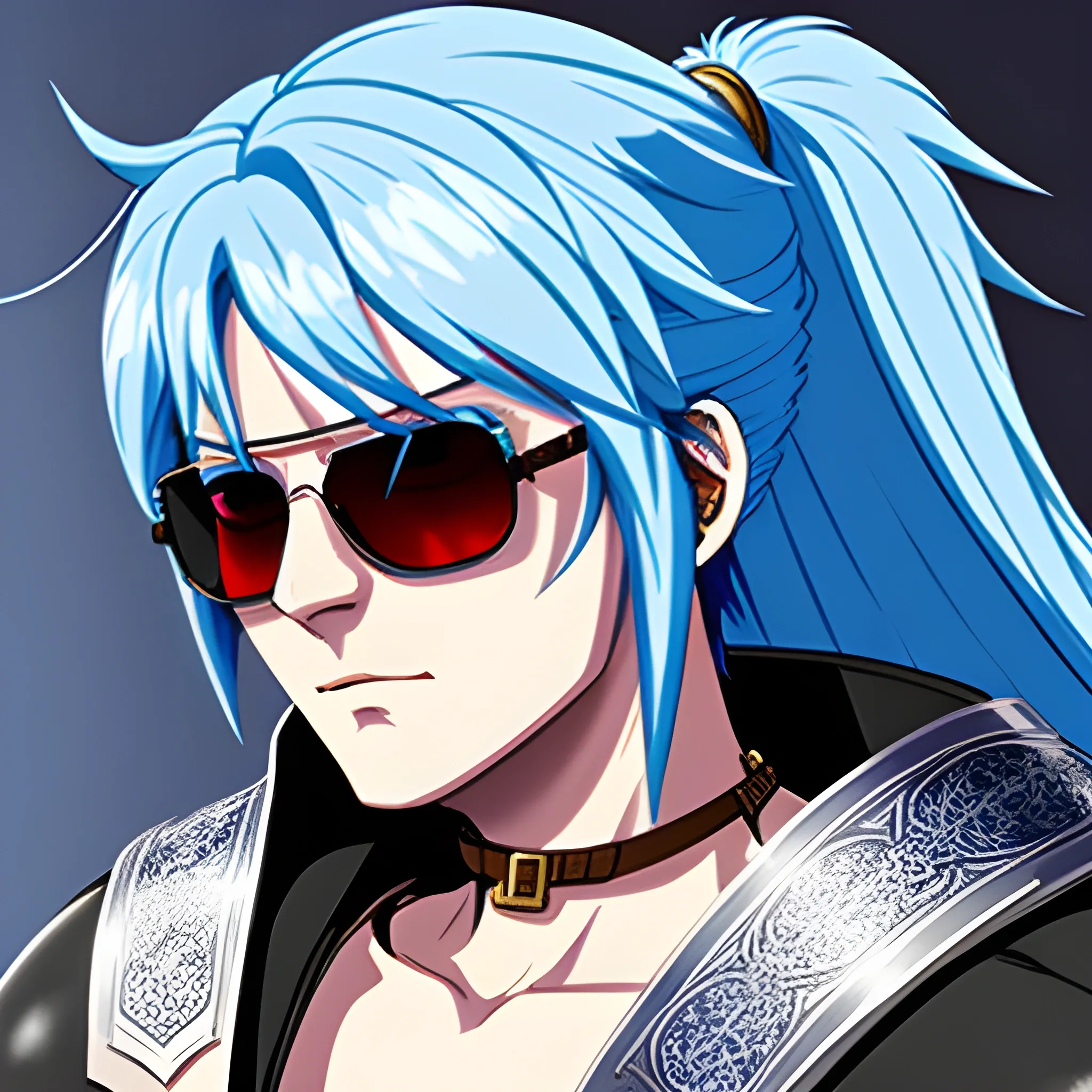 medieval warrior, sunglasses ,blue hair,,art style  anime