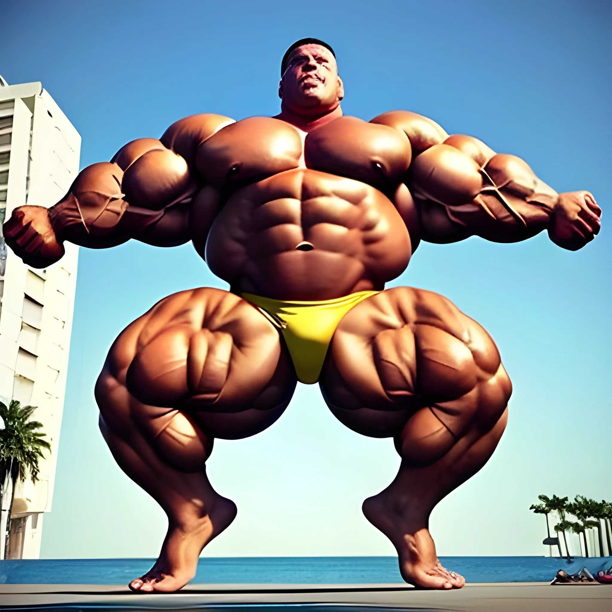 3-meters, beaatiful muscle morph, 3000 lbs bodybuilder, gigantic 300 inches biceps, huge biceps, extremely huge muscular arms, 300 inches enormous triceps, enormous forearms, gigantic traps, 300 inches chest, 
