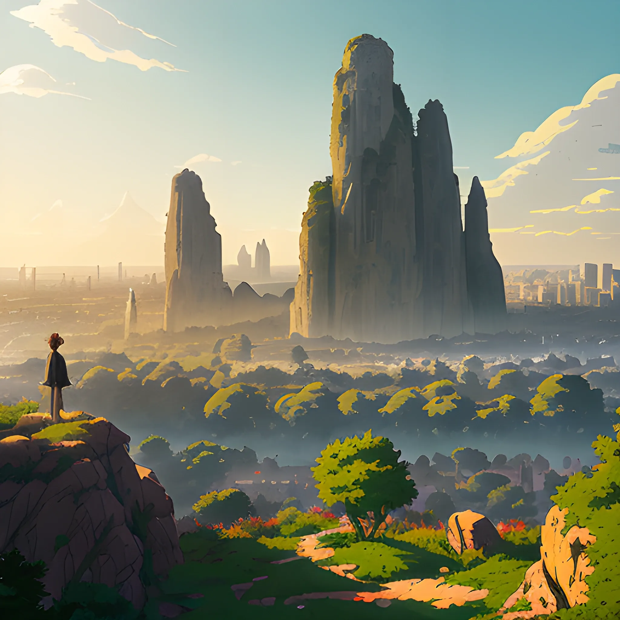 City of Paris, a top view of a giants rocks, grasses... in the style of makoto shinkai and greg rutkowski and albert bierstadt and james gurney