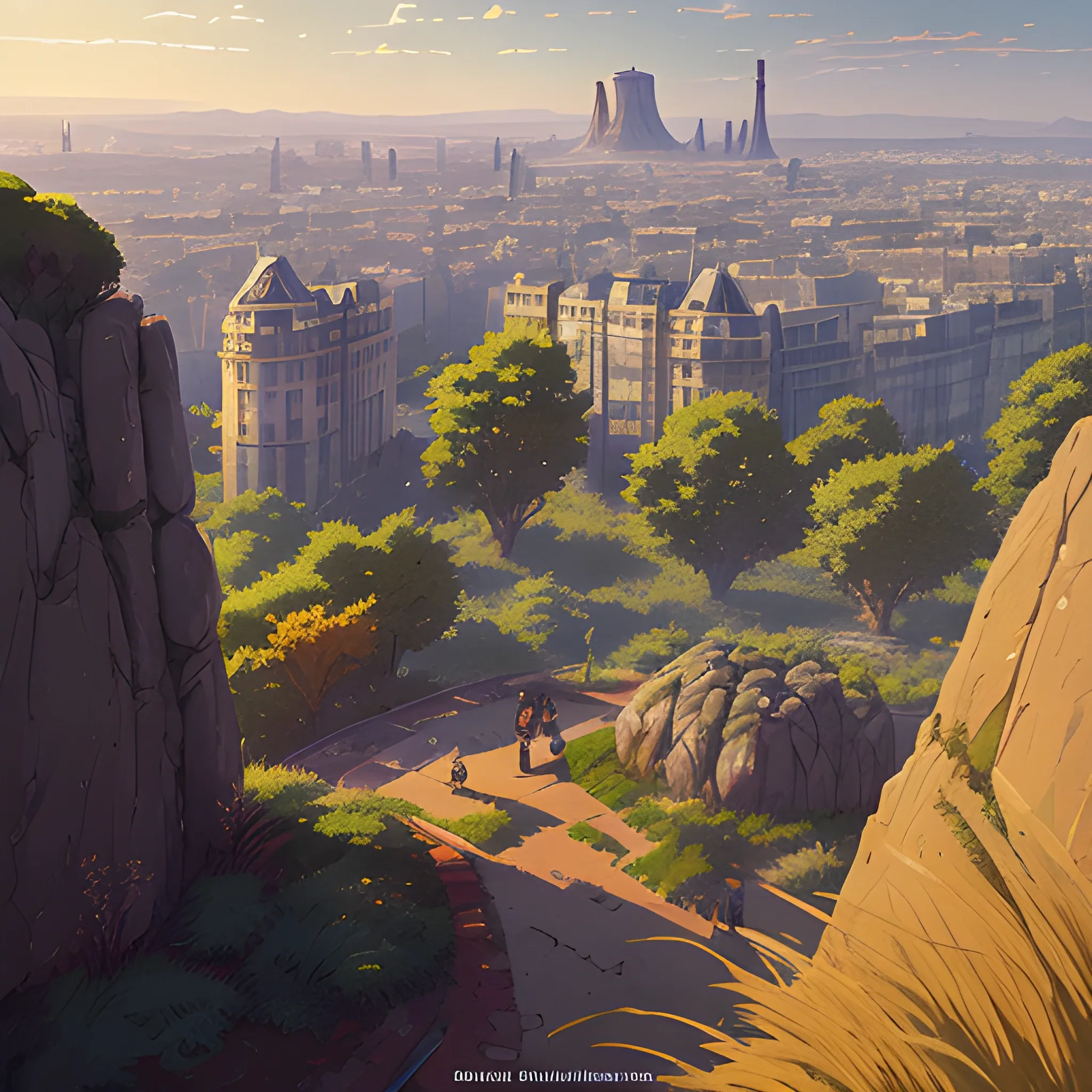 City of Paris, a top view of a giants rocks, grasses... in the style of makoto shinkai and greg rutkowski and albert bierstadt and james gurney