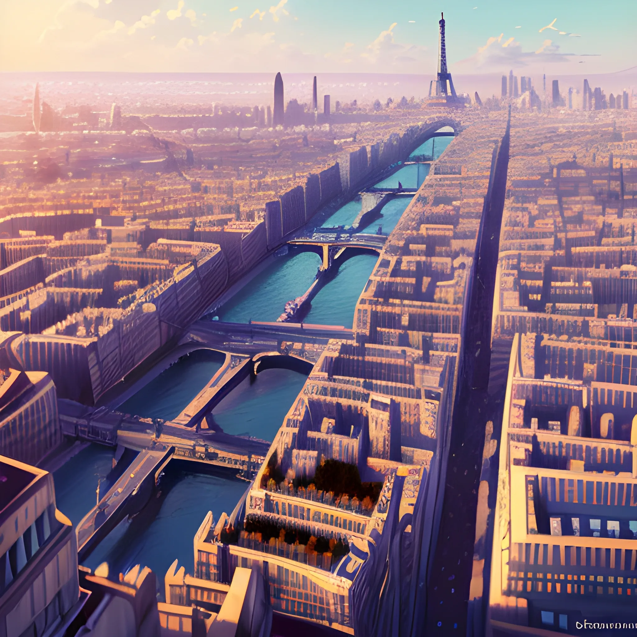  a top view of  city of Paris... in the style of makoto shinkai and greg rutkowski and albert bierstadt and james gurney