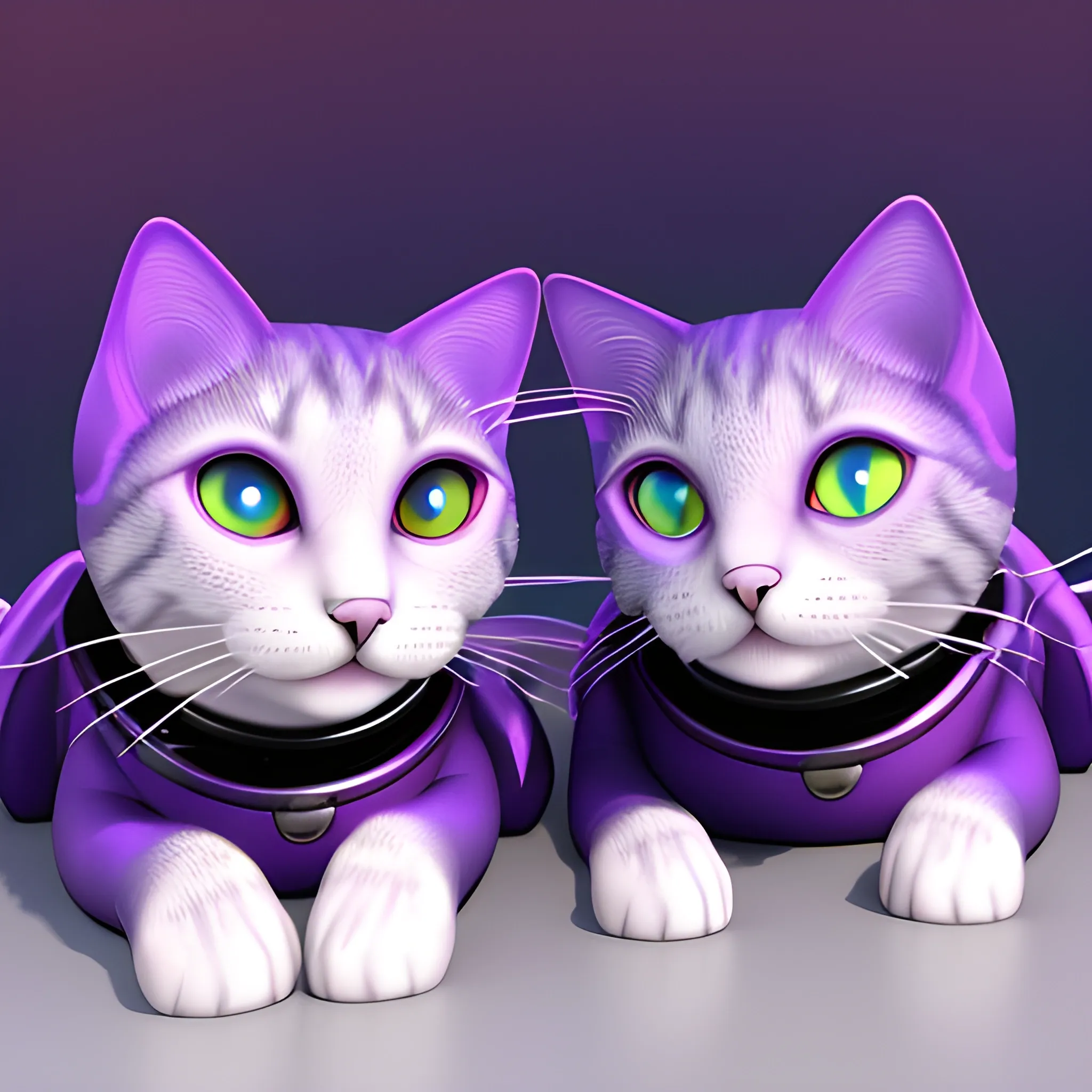 , 3D Cats with oppressed eyes in purple space