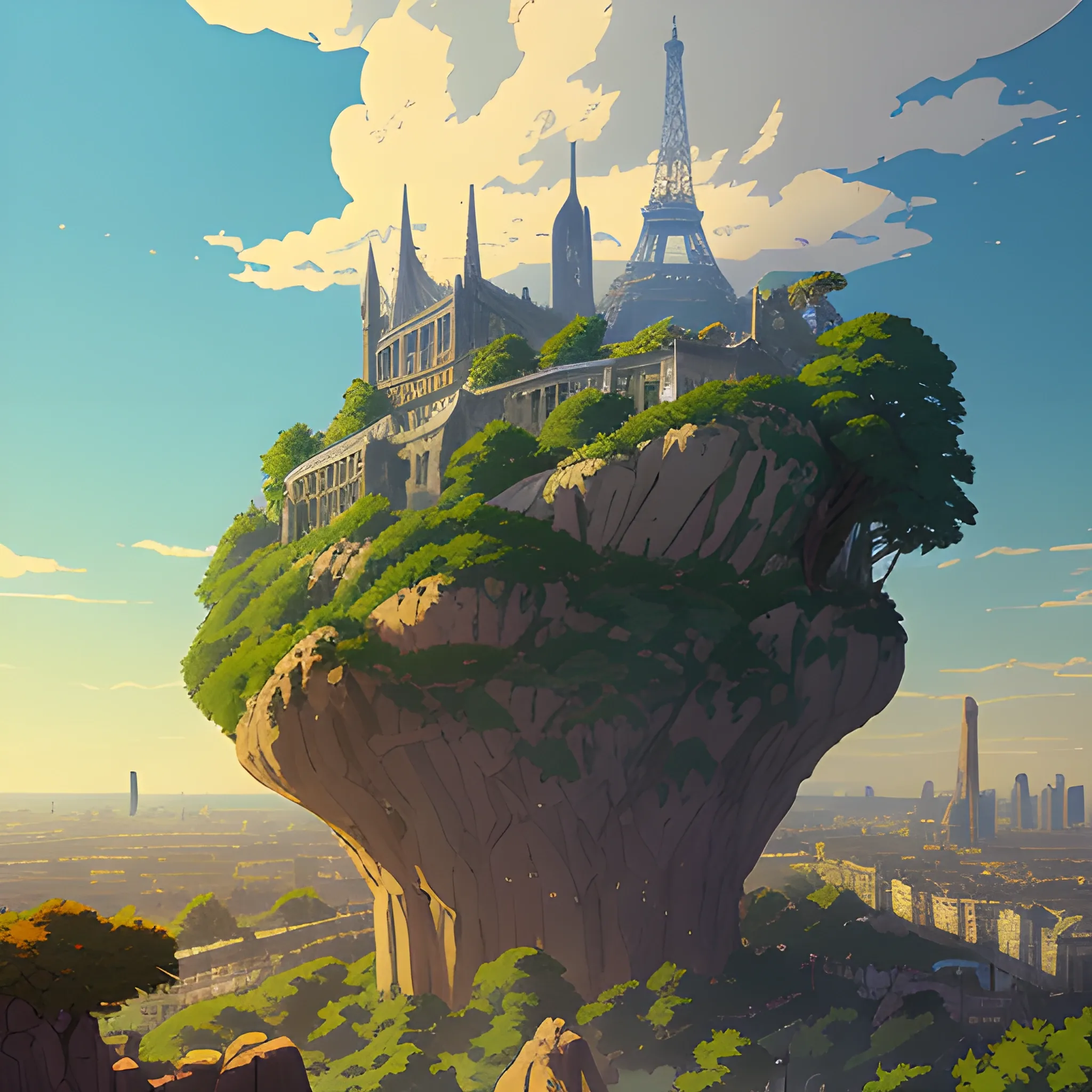 City of Paris, a top view of a giants rocks, grasses... in the style of makoto shinkai and greg rutkowski and albert bierstadt and james gurney